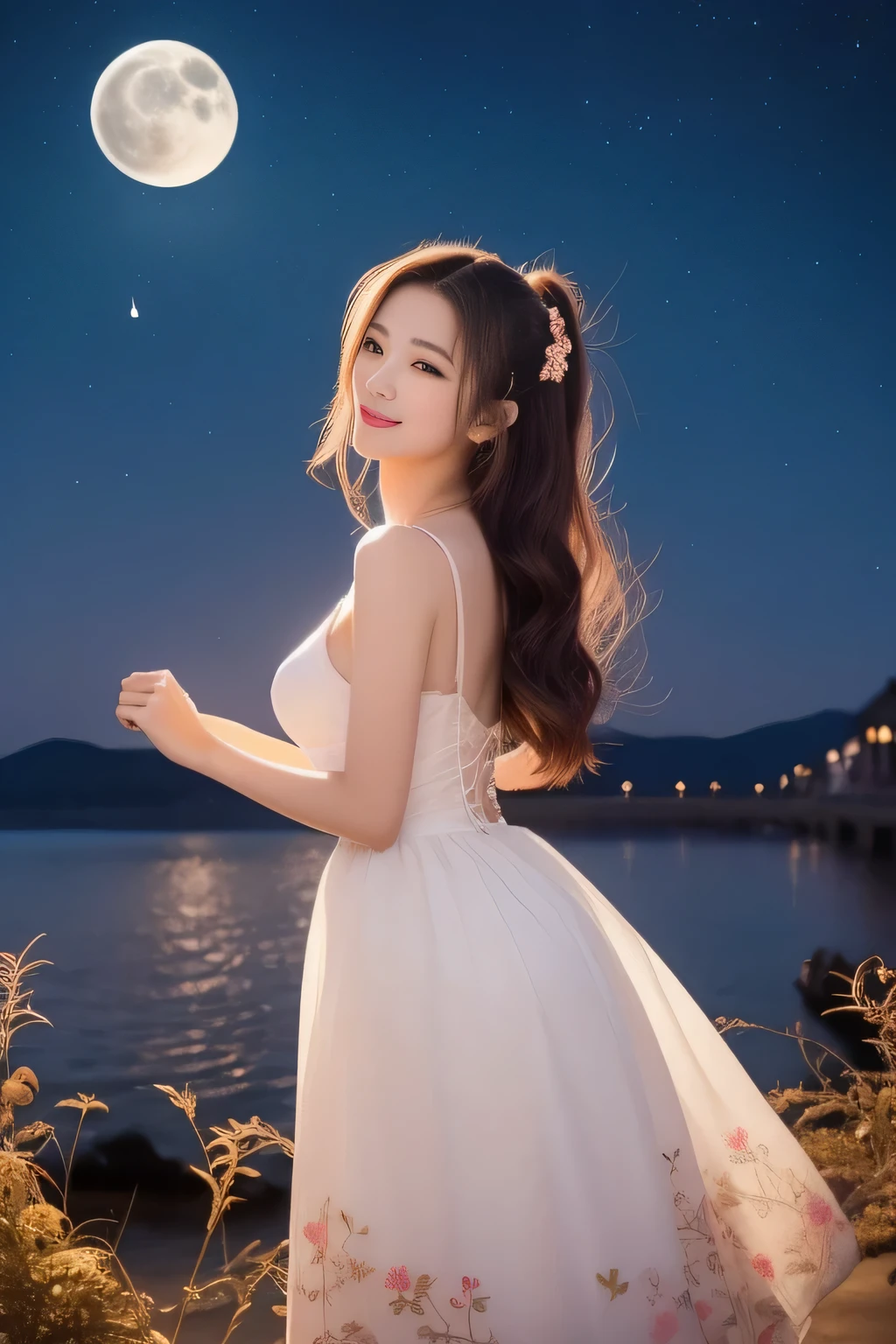 (great masterpiece、highest quality、High level image quality)、(Perfect Japan、Idol、Good looking atmosphere)、1 girl、(flawless beauty)、(joy of loving),(perfect anatomy),(To live)、(Beautiful half moon,near sky、performer、spiritual)、works of art、Fairy tale created by the moon、