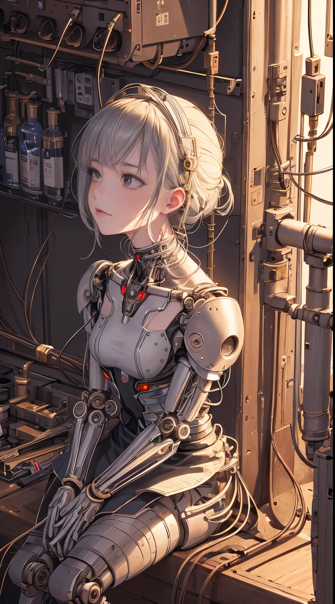 (((masterpiece))), (((highest quality))), ((Super detailed)), (Detailed CG illustration), ((very delicate and beautiful)),(From the side),cinematic light,((1 mechanical girl)),alone,full body,(machine made joint:1.2),((mechanical limbs)),(blood vessels connected to tubes),(mechanical spine attached to the back),((Mechanical cervical spine attached to the neck)),(sitting),No expression,(Wires and cables connected to the neck:1.2),(overhead wires and cables:1.2)(character focus),SF,very detailed,colorful,most detailed，black，lab，