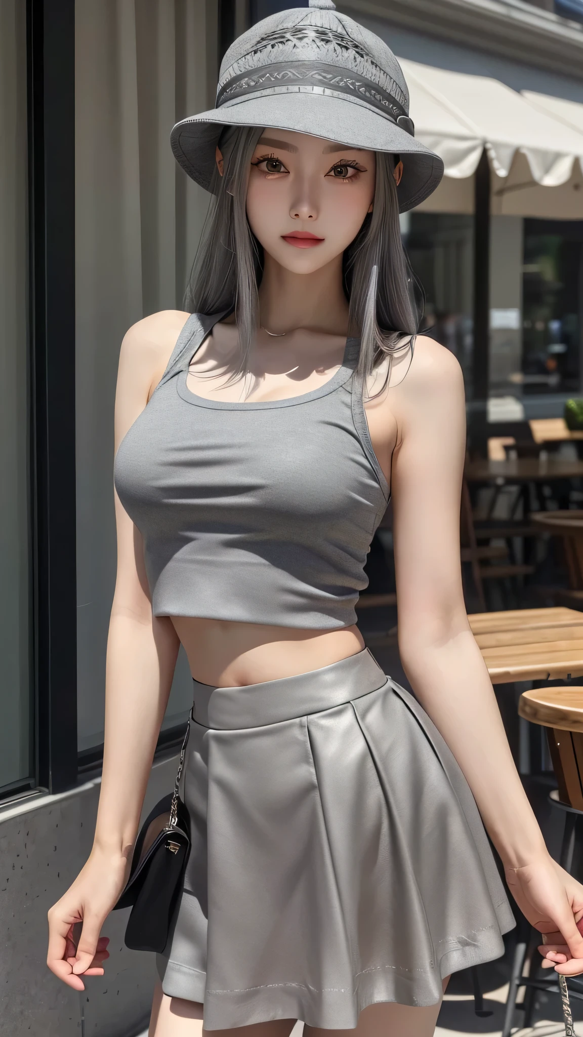 masterpiece, high quality, 最high quality, beautiful, hd, perfect lighting, detailed face, detailed body, 1 girl, alone, (long gray hair), brown eyes, medium breasts, ((crop top)), ((short gray skirt)), (gray hat), in front of the cafe,