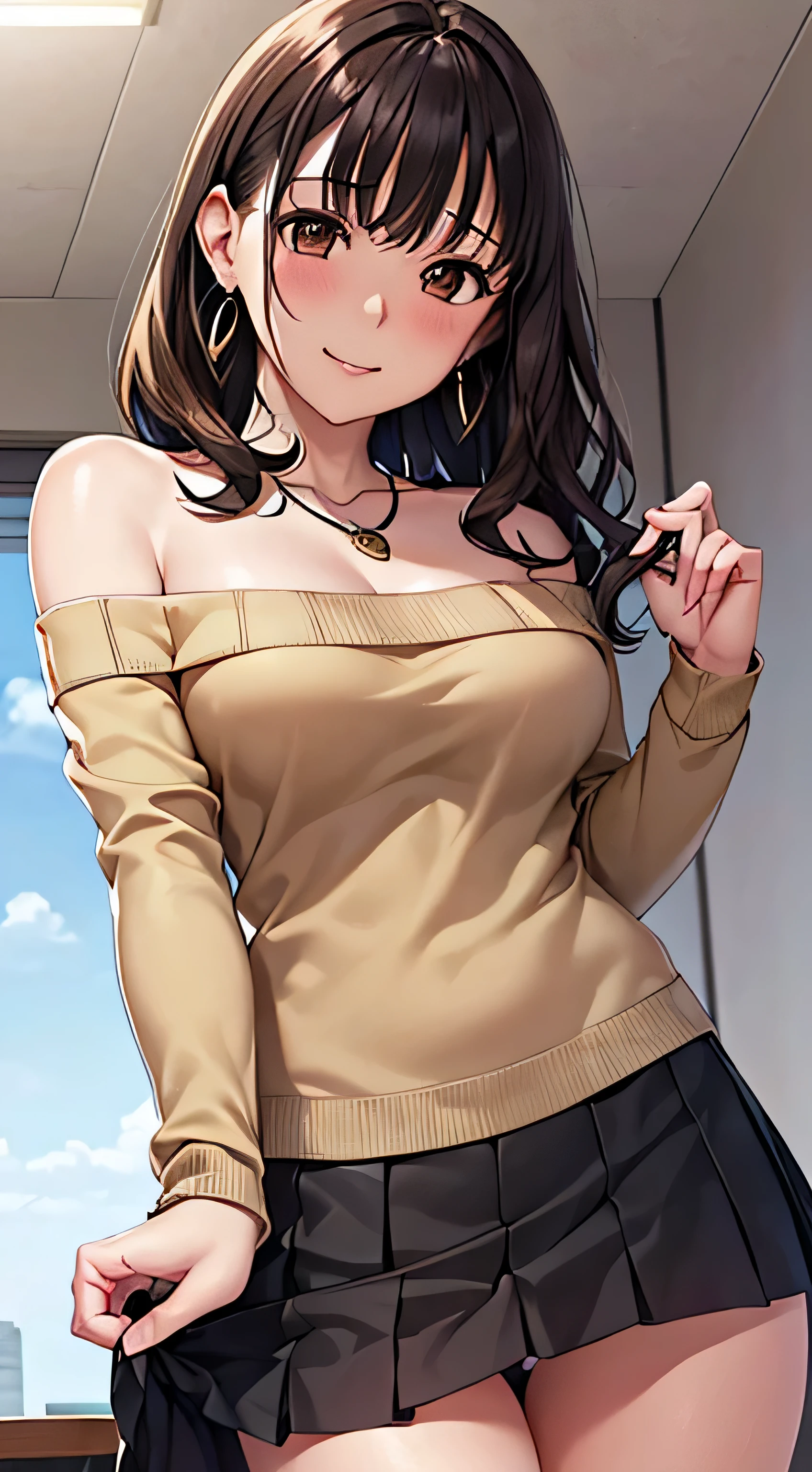 (table top, highest quality, High resolution, , perfect pixel, 4k,), 1 girl, single, alone, Beautiful woman、I could see the whole body、 ((wavy middle hair, bangs, brown hair)), ((brown eyes, beautiful eyelashes, realistic eyes)), ((detailed face, blush:1.2)), ((smooth texture:0.75, realistic texture:0.65, realistic:1.1, Anime CG style)), medium breasts, dynamic angle, perfect body, ((, female teacher, , earrings、necklace、beige off shoulder sweater、long pleated skirt、black knee high stockings、pink lace panties、shy smile、Pull up your skirt to show your panties)), upper grade、、、evening、、Bring your arms together to emphasize your chest、hold the necklace between your chest、(、()、angle from below)、