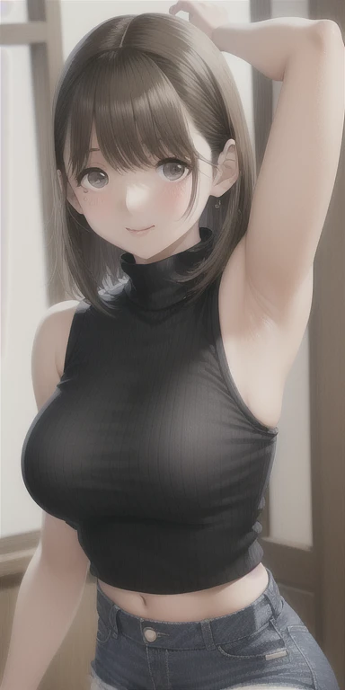 、
High resolution,In 8K,highest quality,detailed,semi-realistic anime,anime 3d style,smooth anime CG,

((black sleeveless turtleneck crop knit,break denim micro mini skirt))、1 girl,18 year old female living in Japan,slim,modeled,shiny chestnut hair,medium hair,detailed face,beautiful and detailed eyes,glowing skin,
Raise your arms and show me your armpits，cleavage emphasis，upper body zoom，smile，blush，sexually

