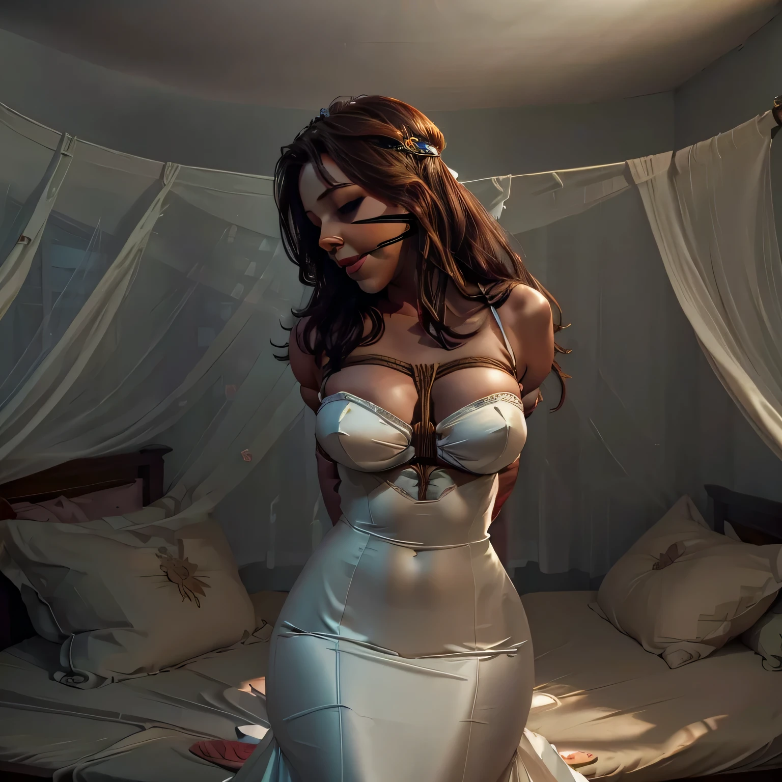 1girl,(bright lighting,romantic setting),dreamy background,,dark hair, mesmerizing gaze, , soft skin, alluring beauty, artistic portrait, high-quality image, vibrant colors,long bridal dress, mosquito net, romantic bedroom, sidesuspension,solobound,blindfold,gag