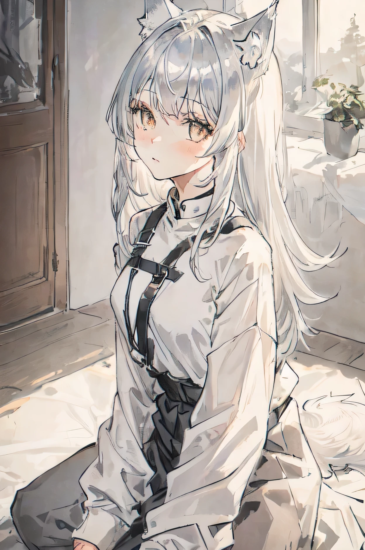 1girl, half body, silver hair, wolf-cut hairstyles, wearing plain clothes, looking at viewers,