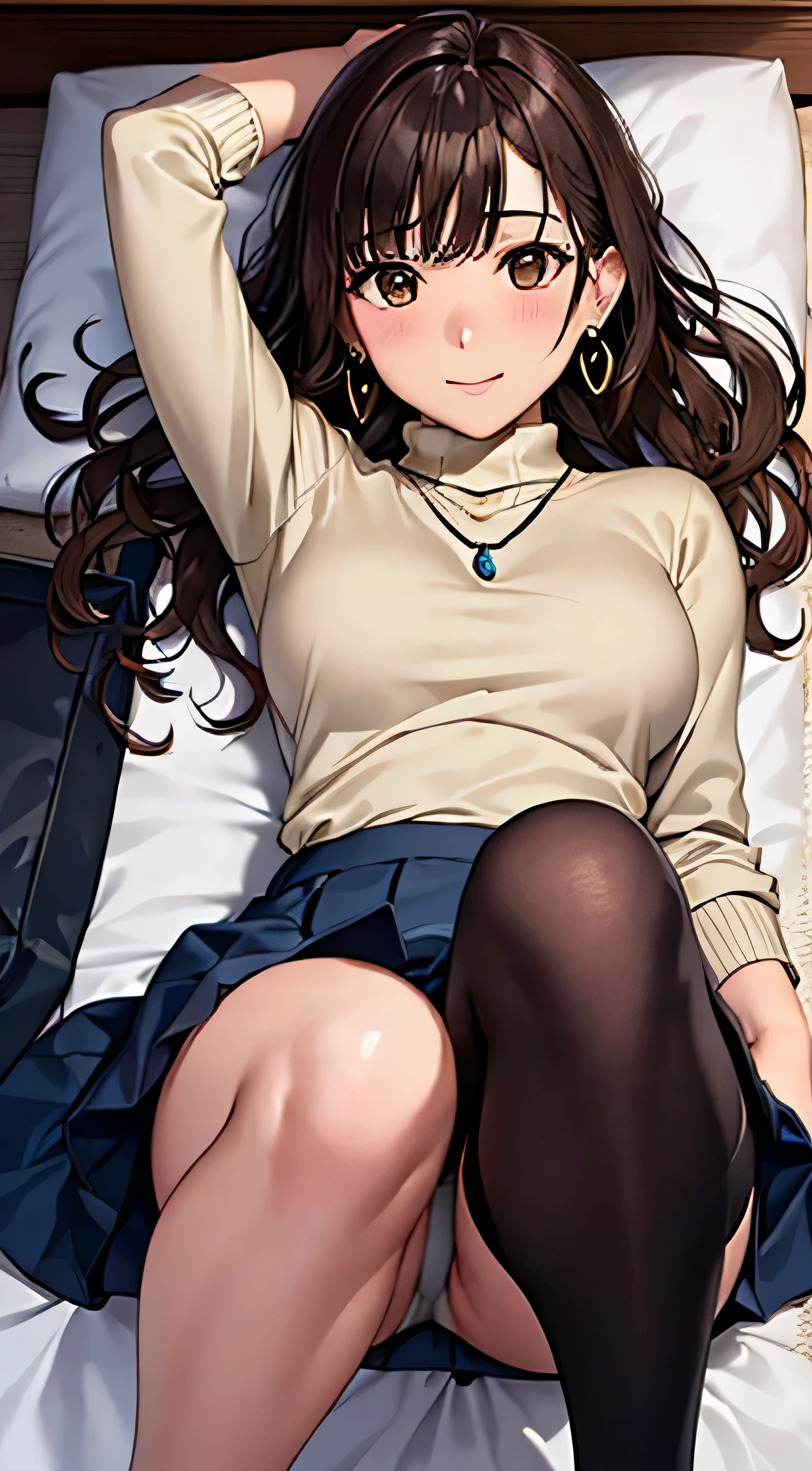 (table top, highest quality, High resolution, , perfect pixel, 4k,), 1 girl, single, alone, Beautiful woman、I could see the whole body、 ((wavy mid-length hair, bangs, brown hair)), ((brown eyes, beautiful eyelashes, realistic eyes)), ((detailed face, blush:1.2)), ((smooth texture:0.75, realistic texture:0.65, realistic:1.1, Anime CG style)), soft chest, dynamic angle, perfect body, ((,, , earrings、necklace、beige turtleneck sweater、dark blue pleated skirt、black knee high stockings、open both legs wide、open both knees、open both arms、shy smile)),、、、、(luxury hotel bed、sleep on your back)、、、(You can see the light blue and white lace panties))、angle from below)、