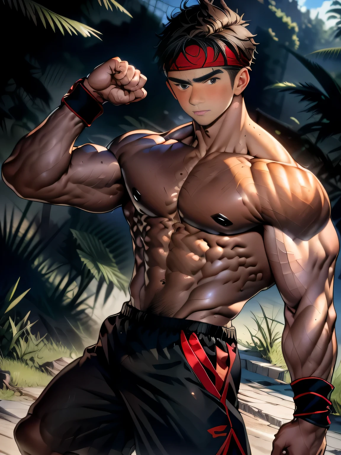 (Masterpiece, Best quality 17 year old boy, Shota, simple background, cowboy shot), solo, Young, boy, full bodyesbian, Shirtless, topless, (Dark Short straight hair, under cut, brown eyes), (torn cloth, red headband, black shorts, ((black wristband))), Vivid colors, (hot Abs, big breast, upper arms), (topless male), closed mouth, serious, tight muscler body, Man with martial arts stance, epic action pose