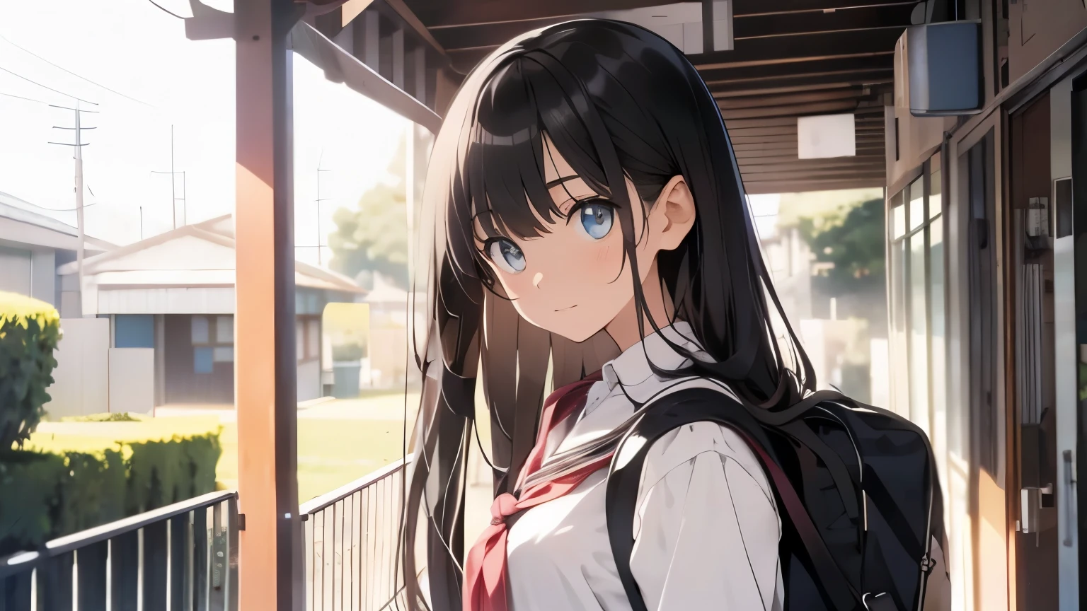 black hair、hair is long、18 year old female、chest is big、high school girl、Sarah uniform、morning、smile、have a bag、one&#39;s home