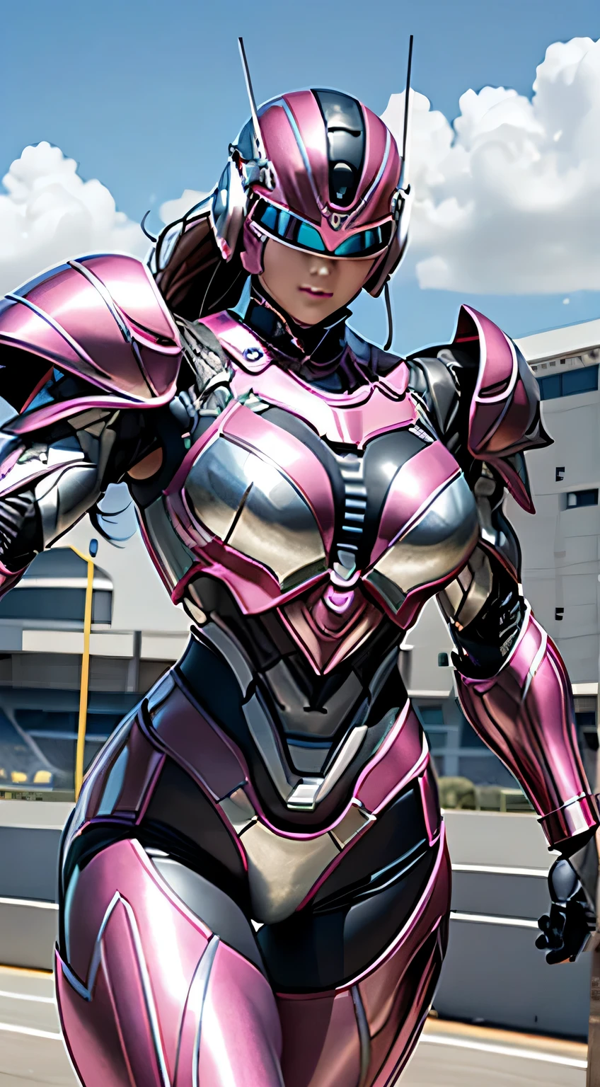 female robocop solo、bright outdoors、strong light source、8K, high quality, masterpiece, 最high quality、very detailed、Armor that completely covers the whole body、very large armor、Helmet covering the head、clear pictures、Eyes hidden by thin straight goggles:1.3、The lower half of the face is raw:1.5、The lower half of the face is exposed、luscious lips、pink and white metallic armor、Armor that completely covers the chest、thin and long legs、Vibrant posel body view,big and full breasts:1.5, (sports body:1.5)、five fingers、photos around town