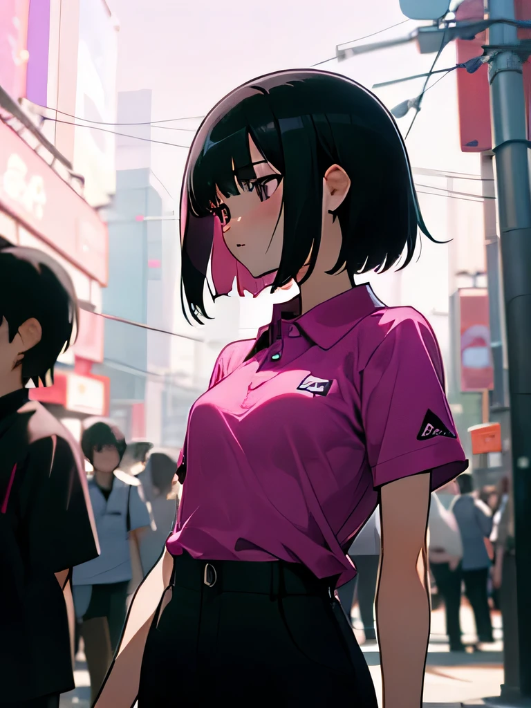 40' No bra, lower body, Japanese, very short, pubic hair, transparent, small breasts, embarrassing, Shyness, worries, Black hair, magenta polo shirt, short sleeves, arms, black pants (a large crowd gathers)、(on the streets of tokyo