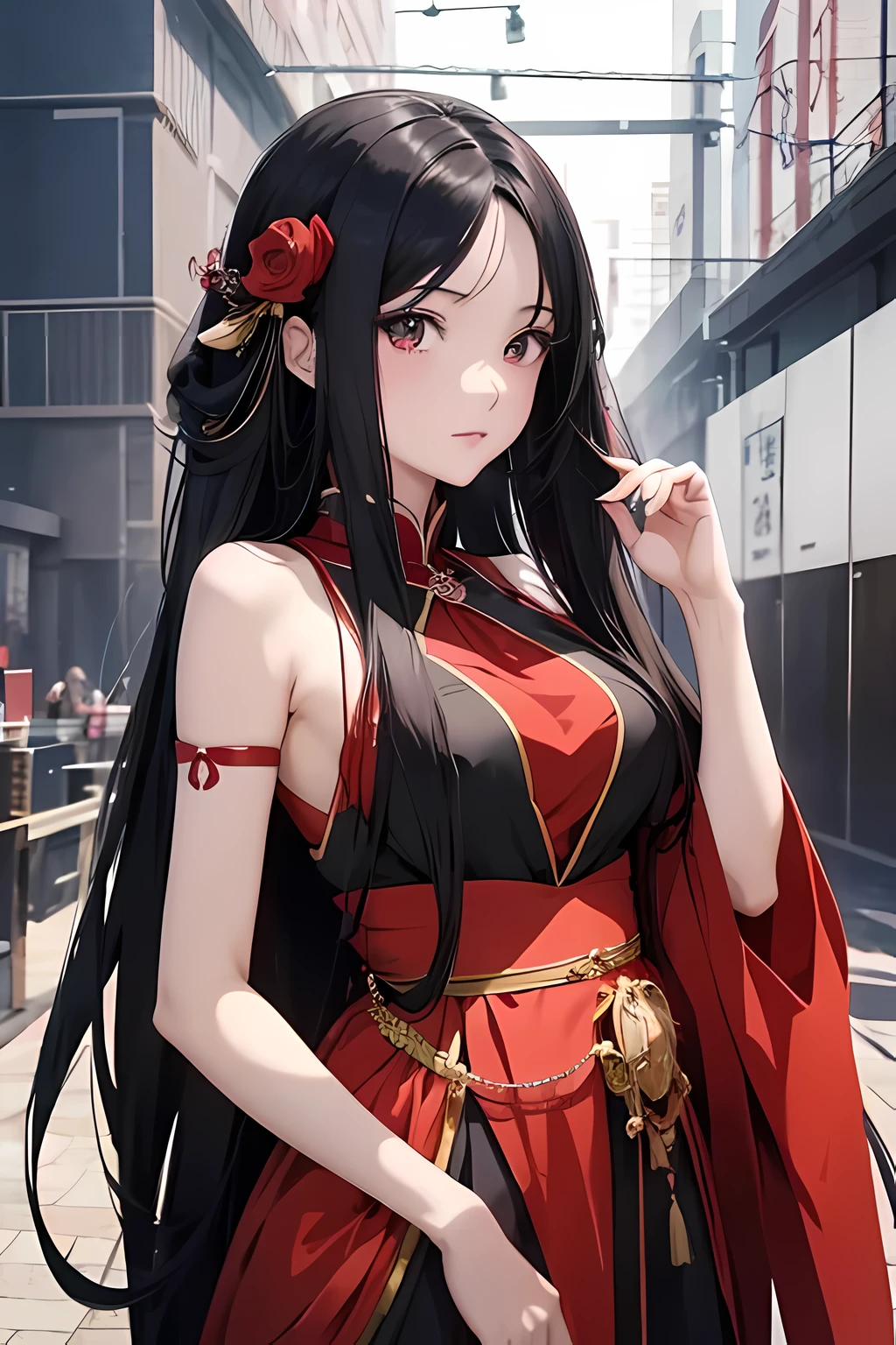 anime girl with long black hair wearing a red dress, an anime drawing by Yang J, pixiv, fantasy art, beautiful anime girl, beautiful anime portrait, anime girl with long hair, beautiful anime woman, attractive anime girl, seductive anime girl, extremely detailed artgerm, pretty anime girl, detailed portrait of anime girl, beautiful alluring anime woman, anime girl