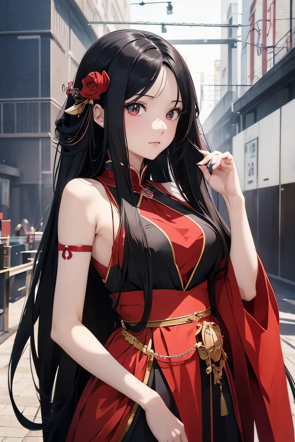 anime girl with long black hair wearing a red dress, an anime drawing by Yang J, pixiv, fantasy art, beautiful anime girl, beautiful anime portrait, anime girl with long hair, beautiful anime woman, attractive anime girl, seductive anime girl, extremely detailed artgerm, pretty anime girl, detailed portrait of anime girl, beautiful alluring anime woman, anime girl