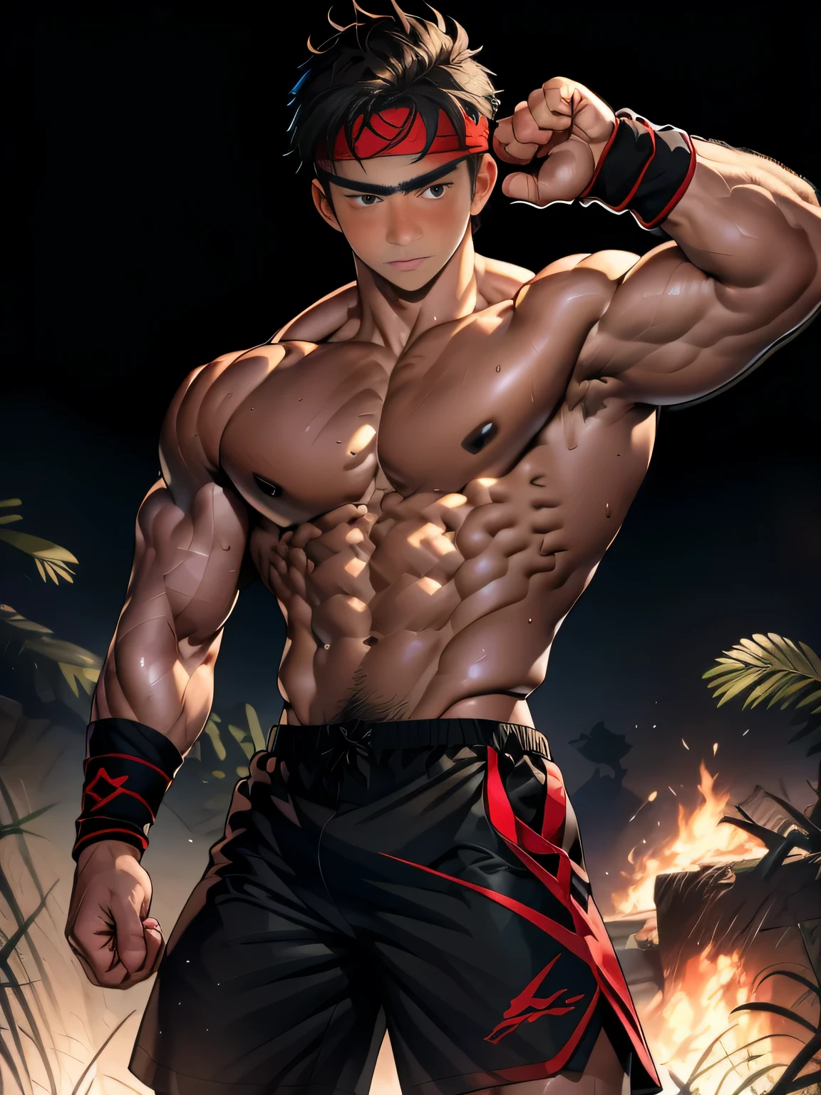 (Masterpiece, Best quality 17 year old boy, Shota, simple background, cowboy shot), solo, Young, boy, full bodyesbian, Shirtless, topless, (Dark Short straight hair, under cut, brown eyes), (torn cloth, red headband, black shorts, ((black wristband))), Vivid colors, (hot Abs, big breast, upper arms), (topless male), closed mouth, serious, tight muscler body, Man with martial arts stance, epic action pose