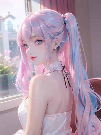 big butt、 (alone:1.5,)Super detailed,明るいcolor, very beautiful detailed anime face and eyes, look straight,  shiny_skin,girl, (((虹colorの髪, colorful hair, Half blue、half pink hair: 1.2)))、shiny hair, delicate beautiful face, blush、(turquoise eyes), White skin, Valletta, cute earrings,、Lady's room、on the red bed、Sunset shines through the window、(((transparent silver dress sedan sexy clothes,)))、twin tails、smile、happy face、face dyed red、color々pose、