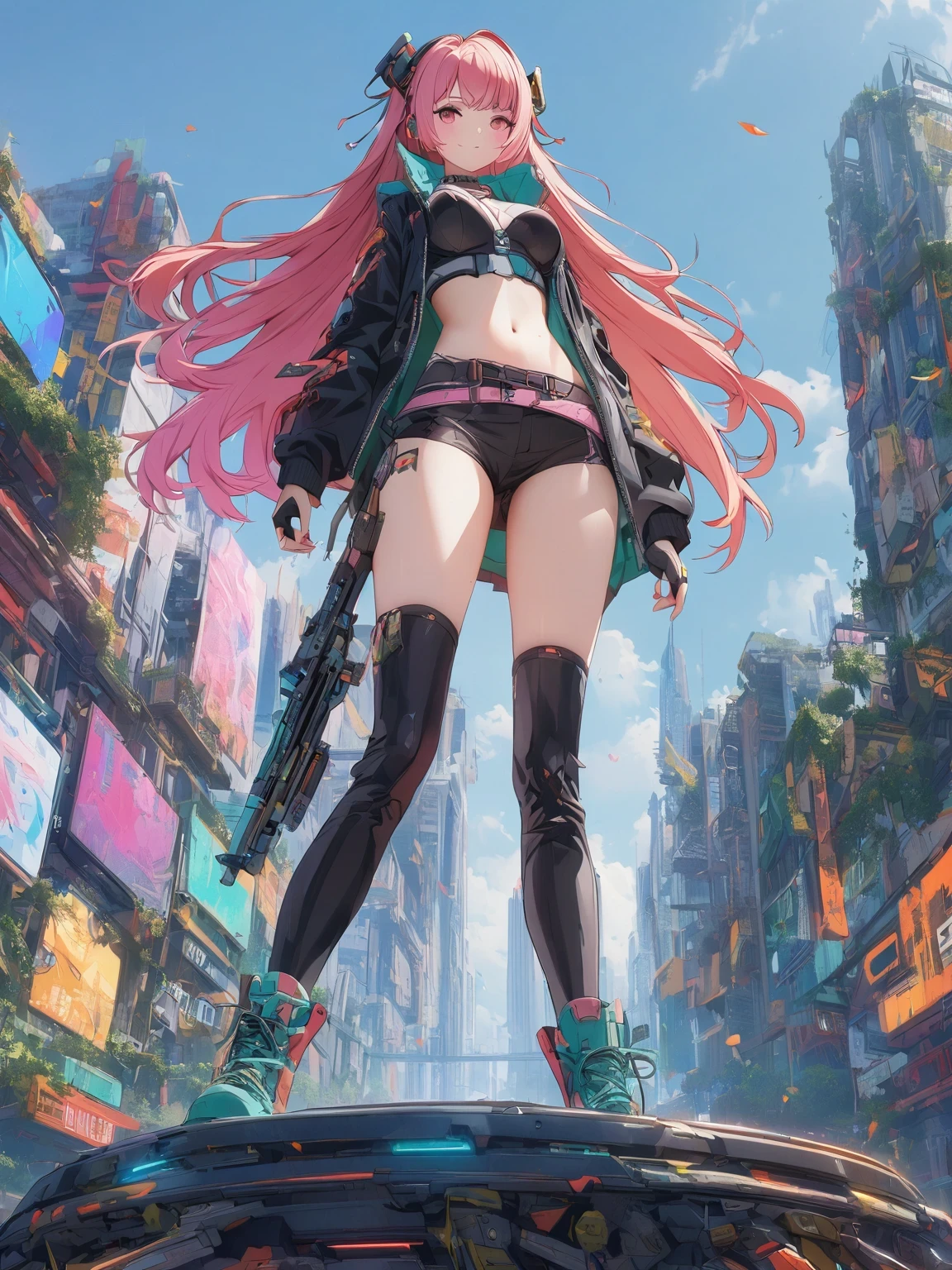 diy21，This image shows a female character in a futuristic city, Its design combines anime style and cyberpunk elements. Her costume and weapons are made of digital elements, Presenting a unique cyberpunk style. The background is an urban landscape of a futuristic city, Elements such as buildings and vehicles can be seen. This design is full of imagination and creativity, It shows a unique future urban world.
