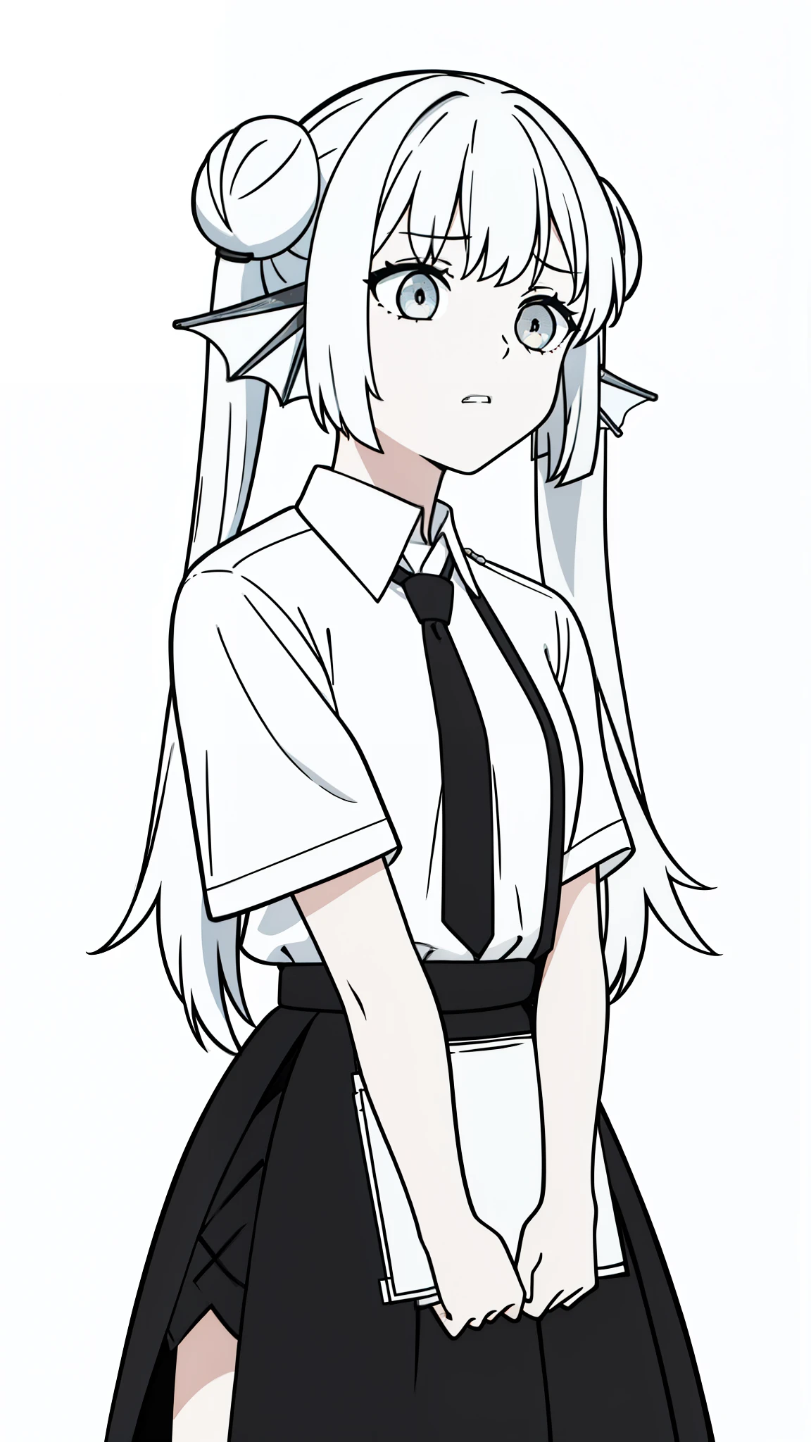 1girl,20 years old,solo,(white background,line drawing),long hair,white hair,finana,twintails,double bun,((white shirt,short sleeves,black standart tie,black skirt)),put your hands in front,upper body,scared,teeth