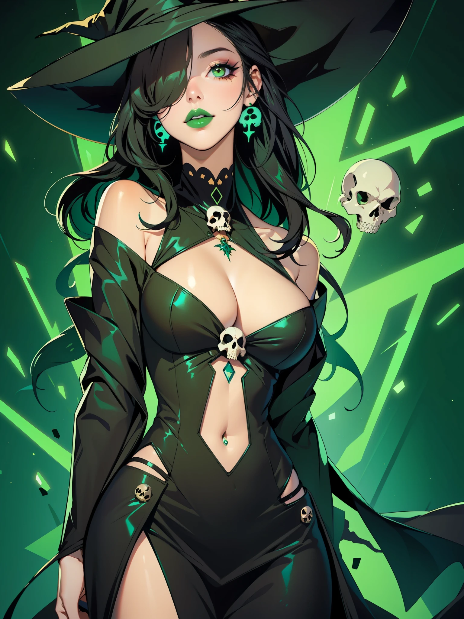 perfect eyes:1.2, detailed eyes:1.4, cleavage, long hair, NecromancyAI, bones, skull, cutout dress, navel, black dress, off shoulder, cleavage, witch hat, black hair:1.2, hair over one eye:1.2, lipstick, chest tattoo, green lips, green eyeliner, glowing green lipstick, green eyes, makeup, 1girl, solo, (masterpiece:1.6, best quality),