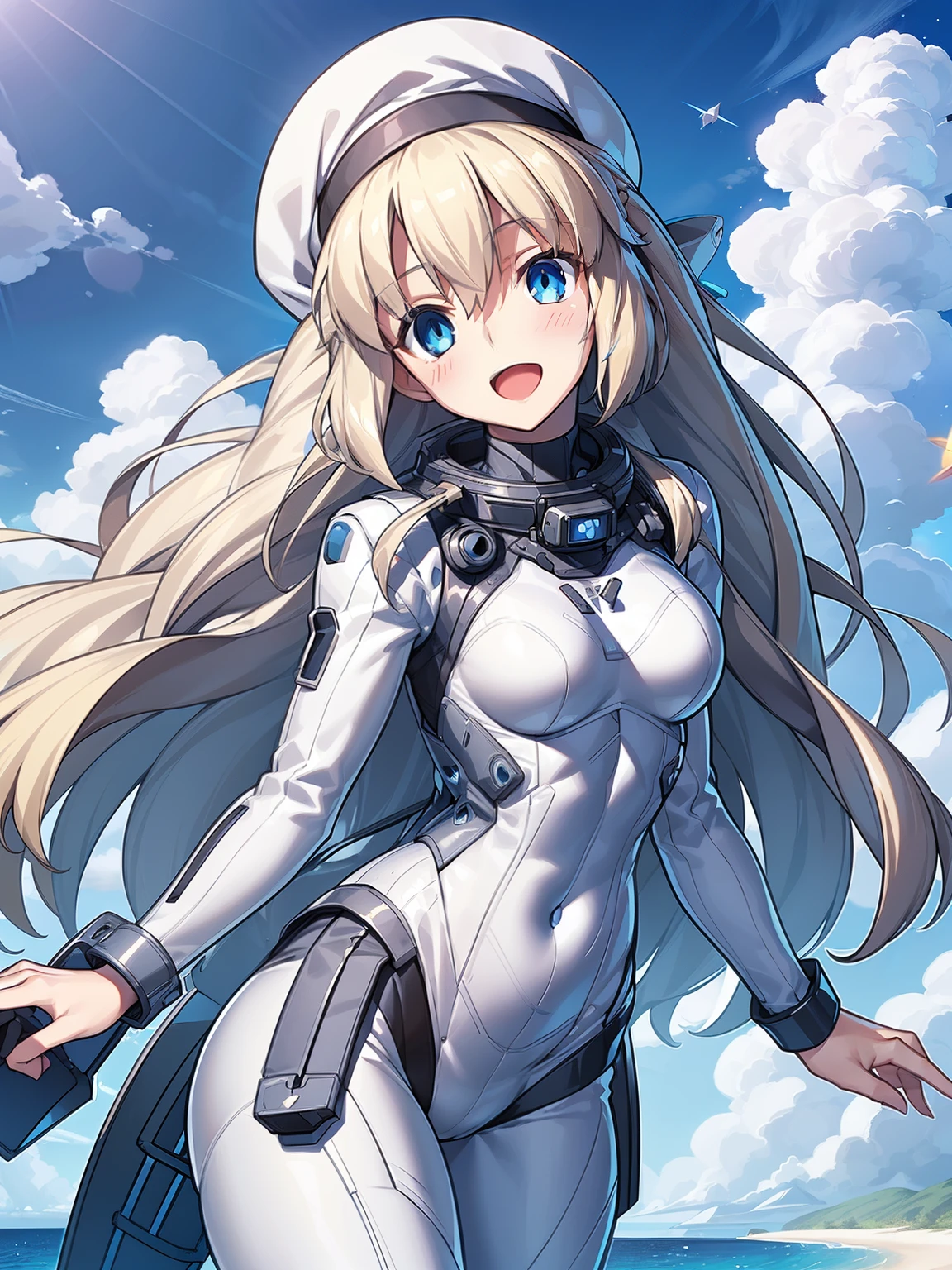 1 girl, alone, chest, looking at the viewer, blush, smile, long hair, bangs, large chest, blonde long hair, long sleeve, blue eyes, headphone,beret,:d, body suit, b space, white body suit, blue sky,Ocean,summer,Wind:1.3,, space suit break