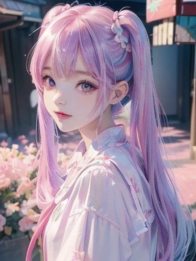 big butt、 (alone:1.5,)Super detailed,明るいcolor, very beautiful detailed anime face and eyes, look straight,  shiny_skin,girl, (((虹colorの髪, colorful hair, Half blue、half pink hair: 1.2)))、shiny hair, delicate beautiful face, blush、(turquoise eyes), White skin, Valletta, cute earrings,、lake、The setting sun shines in、(((Floral、黄color、purple、blouse、Floral、checked mini skirt,)))、twin tails、smile、happy face、face dyed red、color々pose、