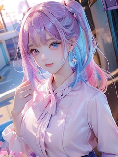 big butt、 (alone:1.5,)Super detailed,明るいcolor, very beautiful detailed anime face and eyes, look straight,  shiny_skin,girl, (((虹colorの髪, colorful hair, Half blue、half pink hair: 1.2)))、shiny hair, delicate beautiful face, blush、(turquoise eyes), White skin, Valletta, cute earrings,、lake、The setting sun shines in、(((Floral、黄color、purple、blouse、Floral、checked mini skirt,)))、twin tails、smile、happy face、face dyed red、color々pose、