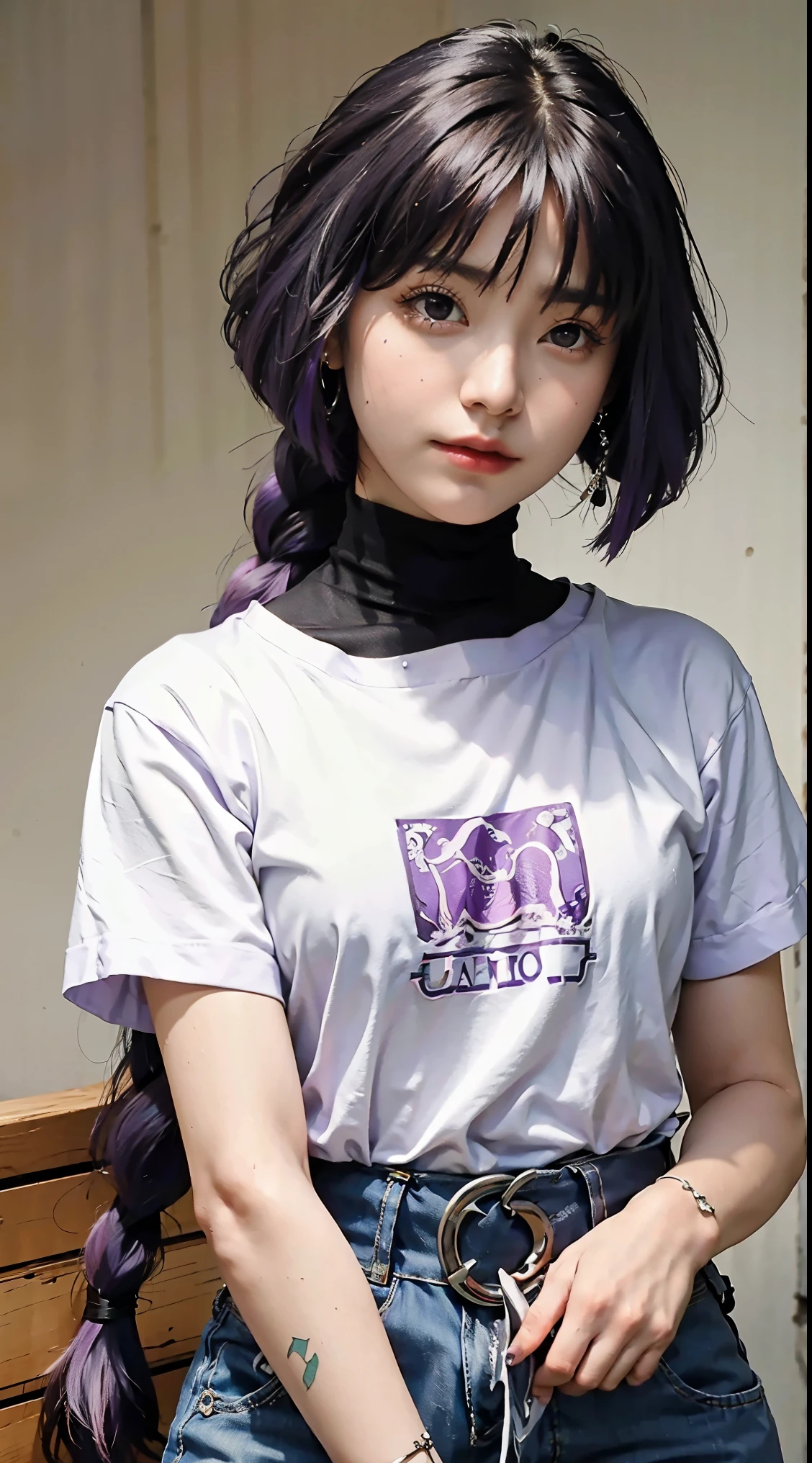 sumire kakei, single braid, purple hair, beautiful, beautiful woman, perfect body, perfect breasts, wearing oversized white t-shirt, short jeans, wearing handbag, watch, wearing earrings, convenient shop there, department store, tail horse, looking at viewer, slight smile, realism, masterpiece, textured leather, super detail, high detail, high quality, best quality, 1080p, 16k