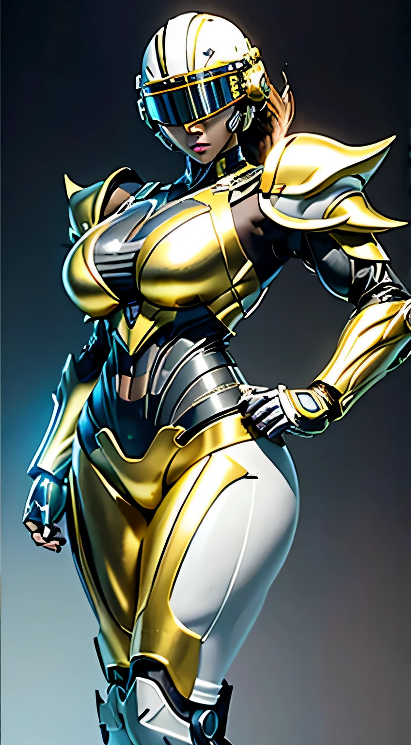 female robocop solo、bright outdoors、strong light source、8K, high quality, masterpiece, 最high quality、very detailed、Armor that completely covers the whole body、very large armor、Helmet covering the head、clear pictures、Eyes hidden by thin straight goggles:1.3、The lower half of the face is raw:1.5、The lower half of the face is exposed、luscious lips、Fluorescent yellow and white metallic armor、Armor that completely covers the chest、thin and long legs、Vibrant posel body view,big and full breasts:1.5, (sports body:1.5)、five fingers、photos around town