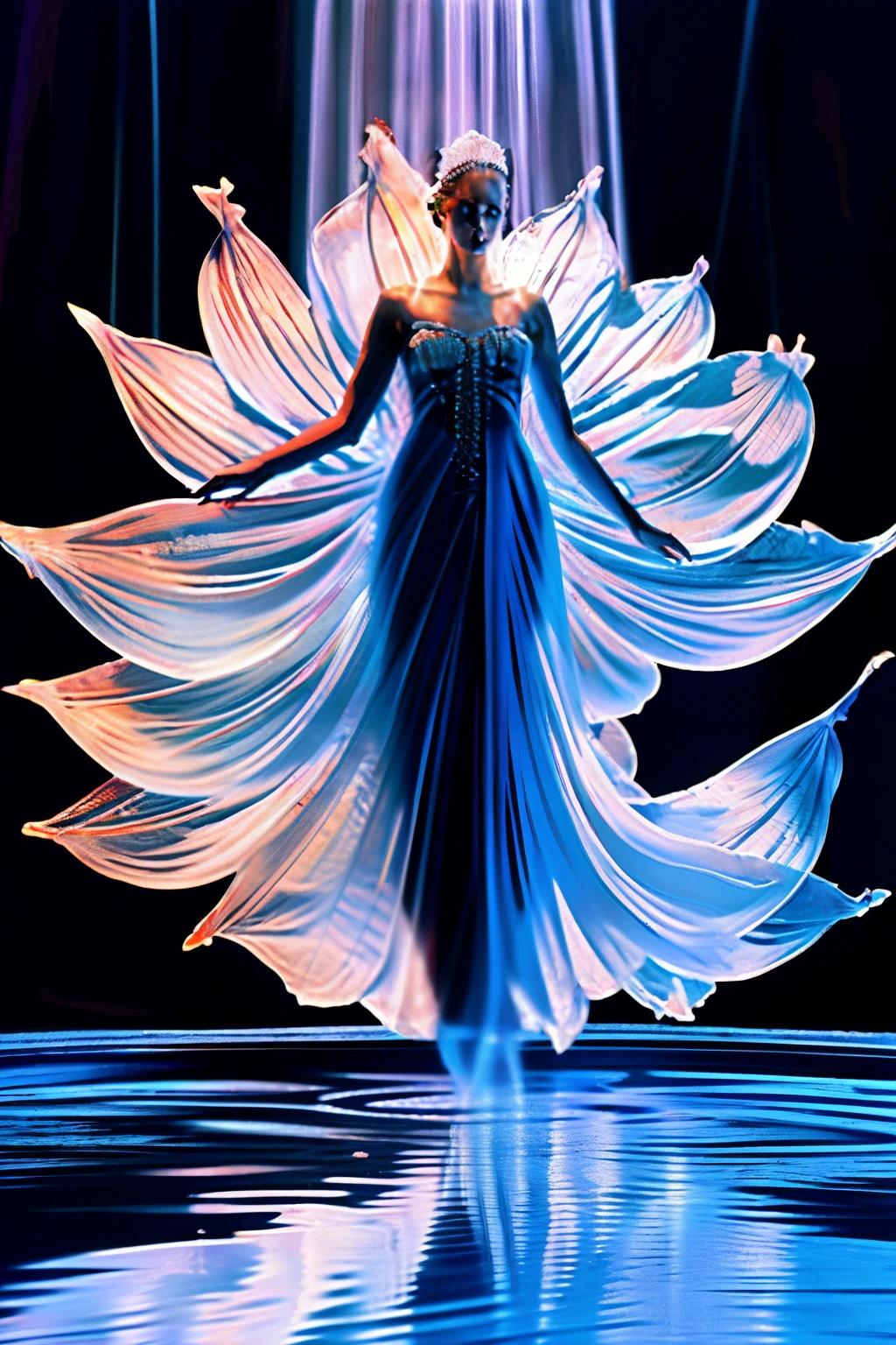 arafed woman in a blue dress standing in water with a large white flower, water fairy, ethereal wings, emma watson as the queen of ice, flowing gown, with beautiful wings, flowing dress, a stunning young ethereal figure, dress made of water, spreading her wings, exquisite and handsome wings, blue swirling dress, beautiful flowing fabric, fairy magnificent. 8k.photo taken at eye level,DSLR,canon EOS RS,ultra quality,sharp focus,tack sharp, depth of field (dof). Film grain,crystal clear,8k UHD, highly detailed, facial features, high detailed background. Art supplies.