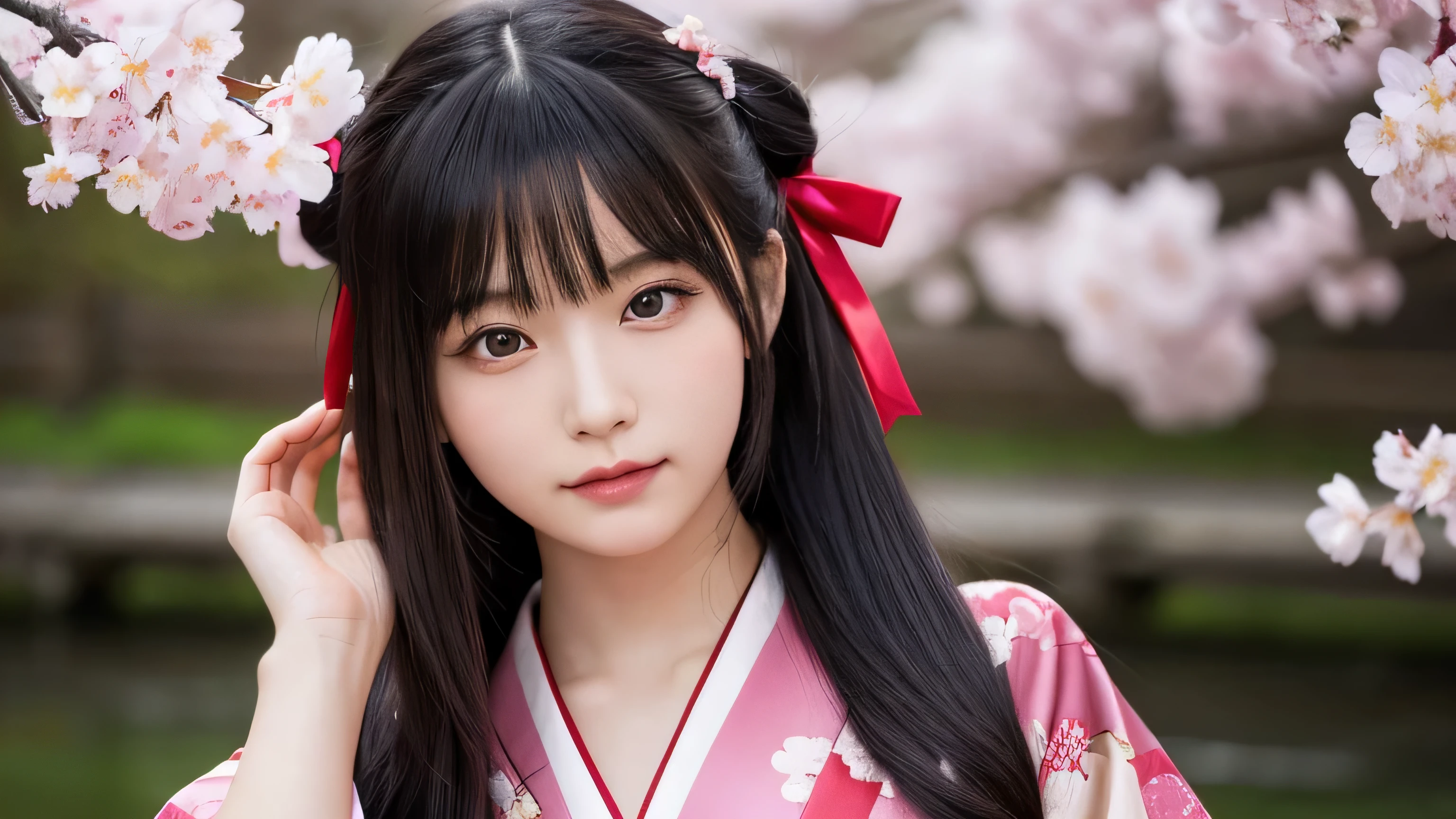 ((alone),masterpiece,highest quality,High resolution,realistic, photo realistic), Beautiful woman,Japanese,20-year-old,black purple hair,long hair,beautiful face,Kimono with cherry blossom pattern,Slightly red eyes,looking at the camera,red ribbon,no background,light pink background,sexy pose