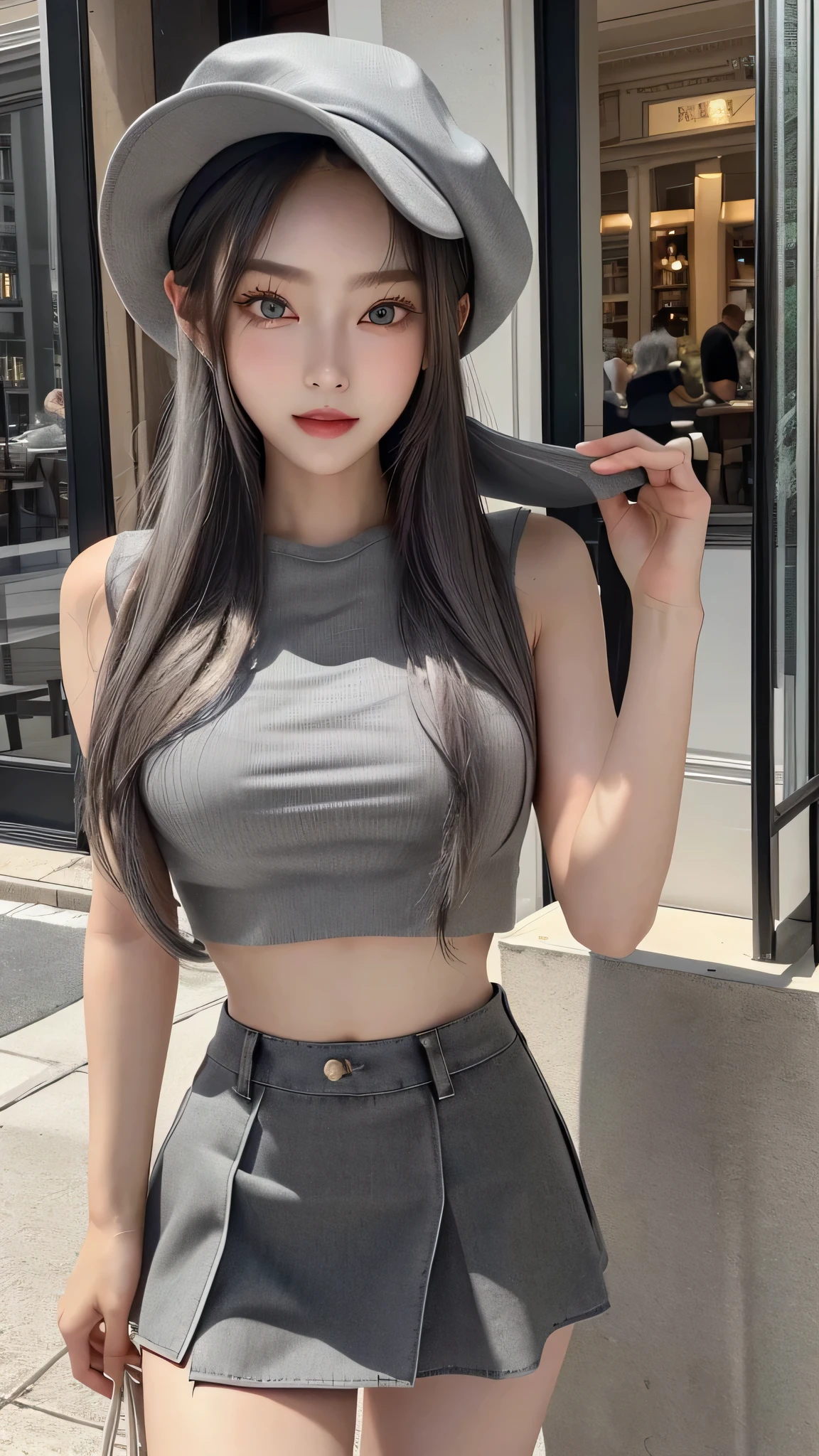 masterpiece、high quality、最high quality、Beautiful and beautiful woman、4k、perfect lighting、Sexy and very beautiful nice gorgeous face、Beautiful woman with the most beautiful face and perfect body in the world、solo、 (long gray hair), brown eyeedium breasts、((crop top))、((mini skirt))、(gray hat)、beautiful thighs、in front of the cafe、