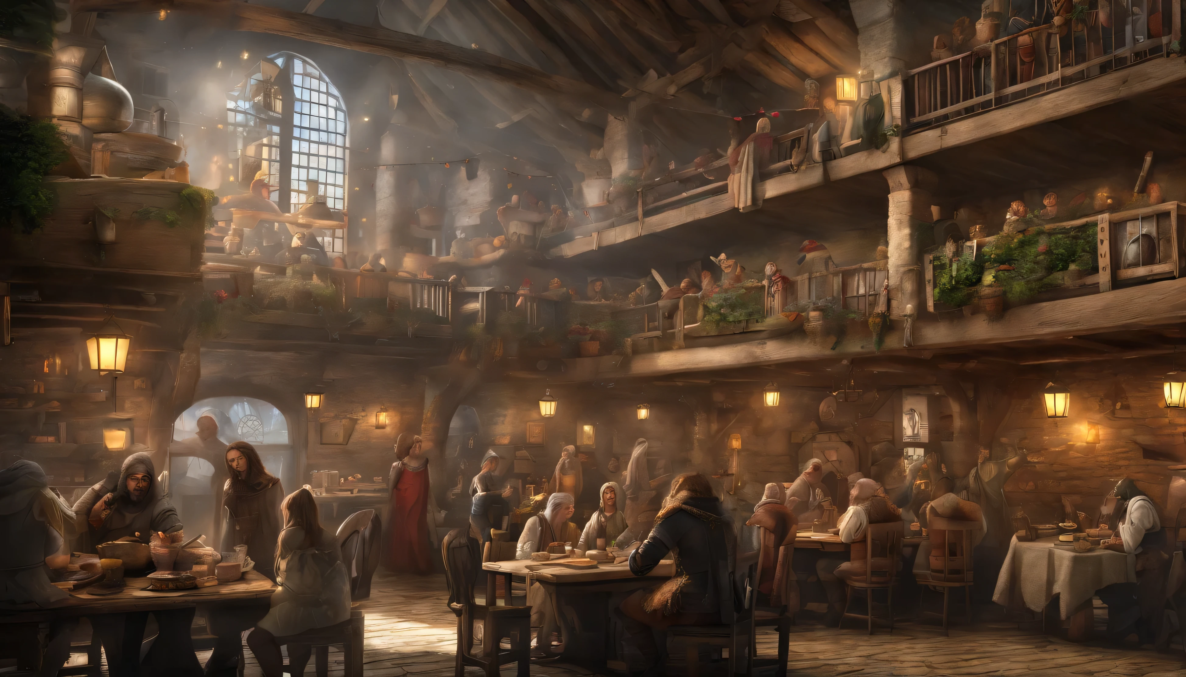 high fantasy, Crowded inn with restaurant, medieval background