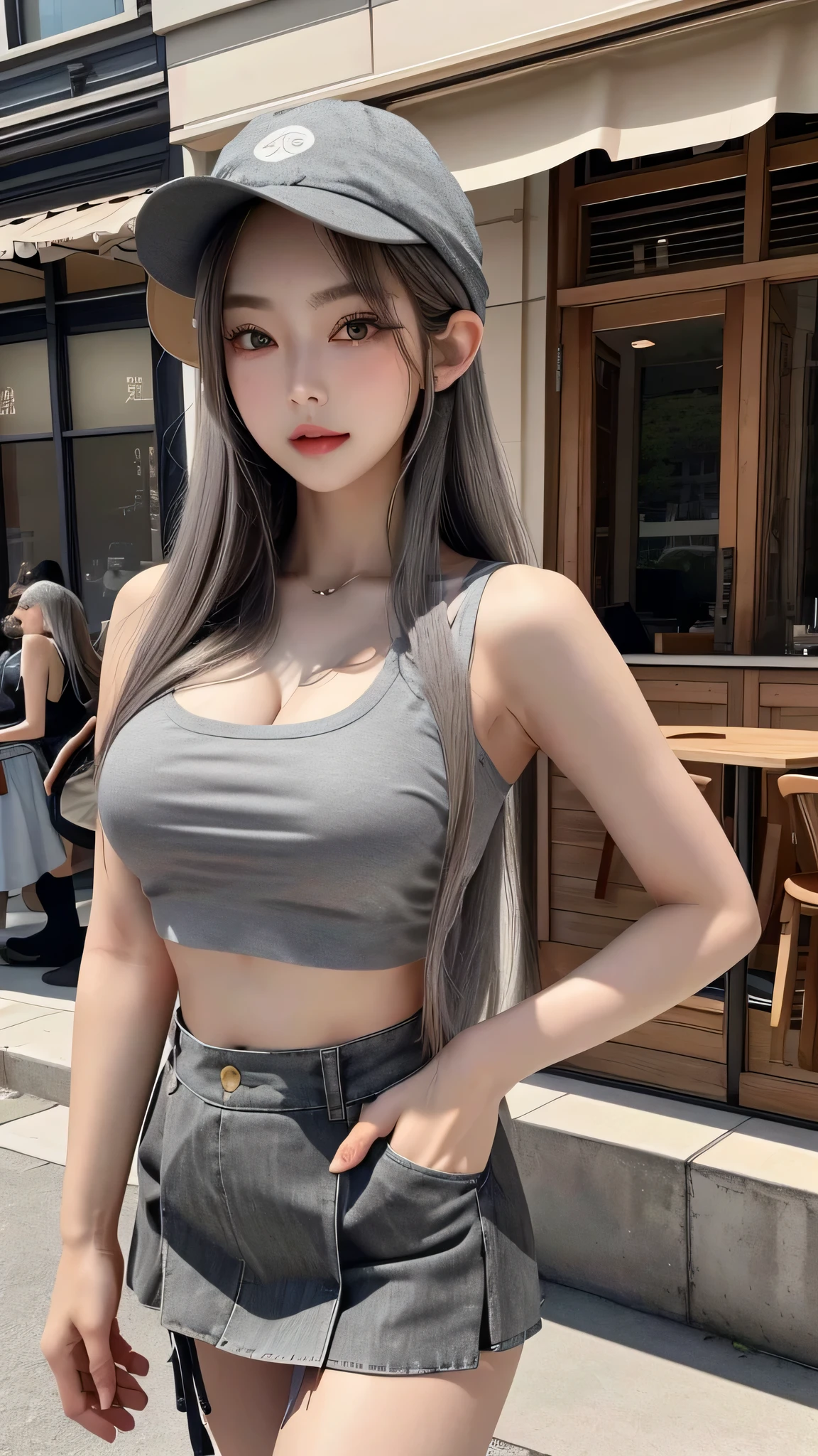 masterpiece、high quality、最high quality、Beautiful and beautiful woman、4k、perfect lighting、Sexy and very beautiful nice gorgeous face、Beautiful woman with the most beautiful face and perfect body in the world、solo、 (long gray hair), brown eyeedium breasts、((crop top))、((mini skirt))、(gray hat)、beautiful thighs、in front of the cafe、