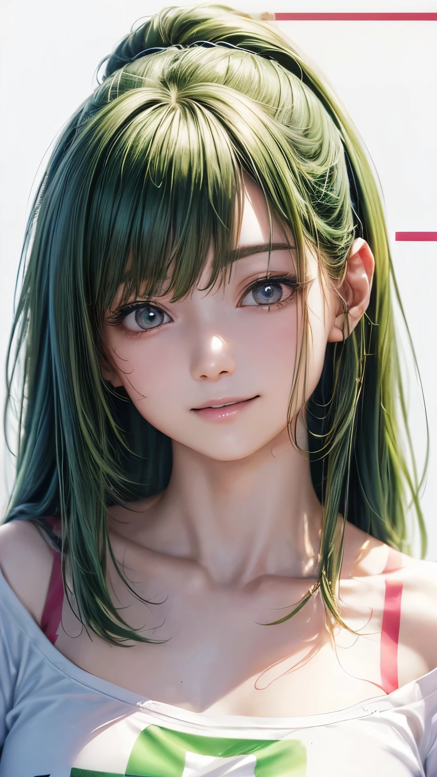 (highest quality、8K、32k、masterpiece)、(realistic)、(Photoreal:1.2)、(High resolution)、Super detailed、very beautiful face and eyes、1 girl、round and small face、thin waist、delicate body、(close、highest quality、high detail、Rich skin details)、(highest quality、8K、oil paint:1.2)、Super detailed、(realistic、realistic:1.37)、bright colors、(((i have green hair)))、(((bust shot)))、(((long hair)))、(((long hair)))、(((smile)))、(((pure white wall background)))、(((pure white wall background)))、(((He has a sad expression on his face.)))、(((Teeth are visible)))、(((Wearing a pink T-shirt)))、(((This is a T-shirt with English letters on the chest...)))、(((look straight ahead)))、(((the skirt is short)))、、(((I'm touching my cheek with my right hand.)))、(((You can see the Chinese characters tattoo around the collarbone.)))、