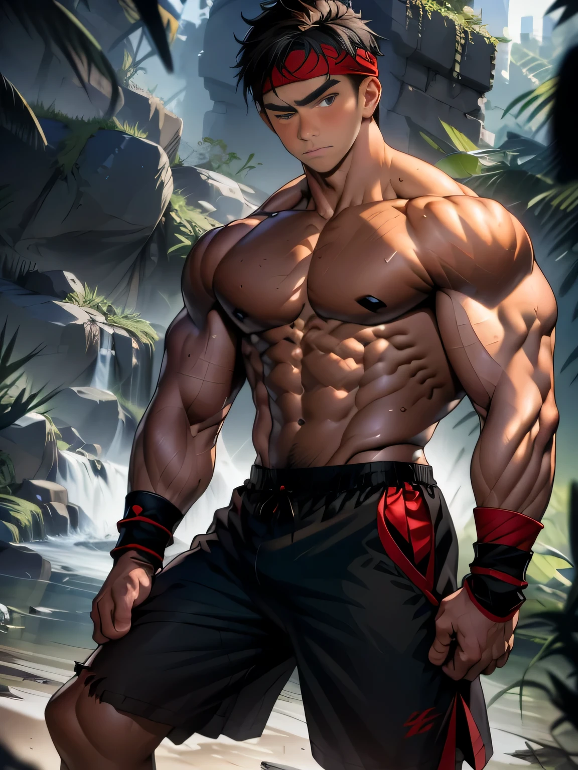 (Masterpiece, Best quality 17 year old boy, Shota, simple background), solo, Young, boy, full bodyesbian, Shirtless, topless, (Dark Short straight hair, under cut, brown eyes), (torn cloth, red headband, black shorts, ((black wristband))), Vivid colors, (hot Abs, big breast, upper arms), (topless male), closed mouth, serious, tight muscler body, Man with martial arts stance, epic kung fu pose, ((red aura))