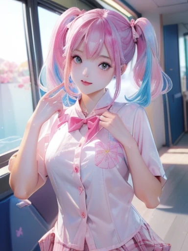 big butt、full body photo、 (With two people:1.5,)Super detailed,明るいcolor, very beautiful detailed anime face and eyes, look straight,  shiny_skin,girl, (((虹colorの髪, colorful hair, Half blue、half pink hair: 1.2)))、shiny hair, delicate beautiful face, blush、(turquoise eyes), White skin, Valletta, earrings,、sunset、(((Floral、黄color、、checked mini skirt,)))、twin tails、smile、happy face、face dyed red、color々pose、