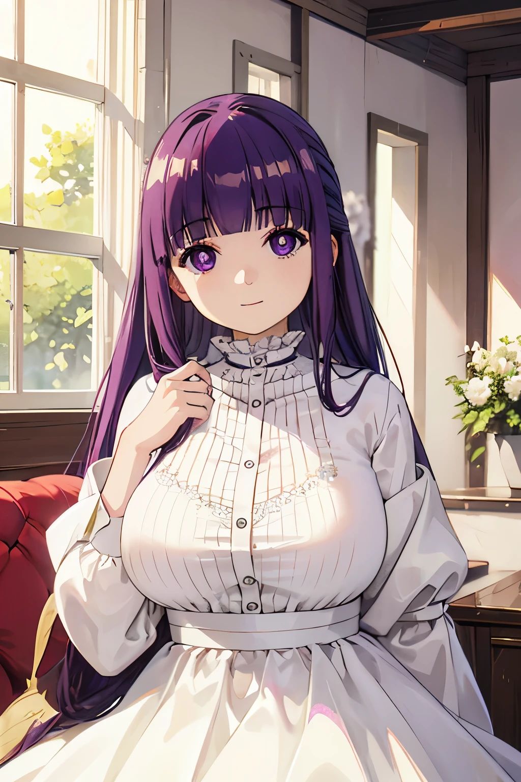 purple hair、long hair、big breasts、pure white wedding dress、happy face、sunshine、Highest image quality、