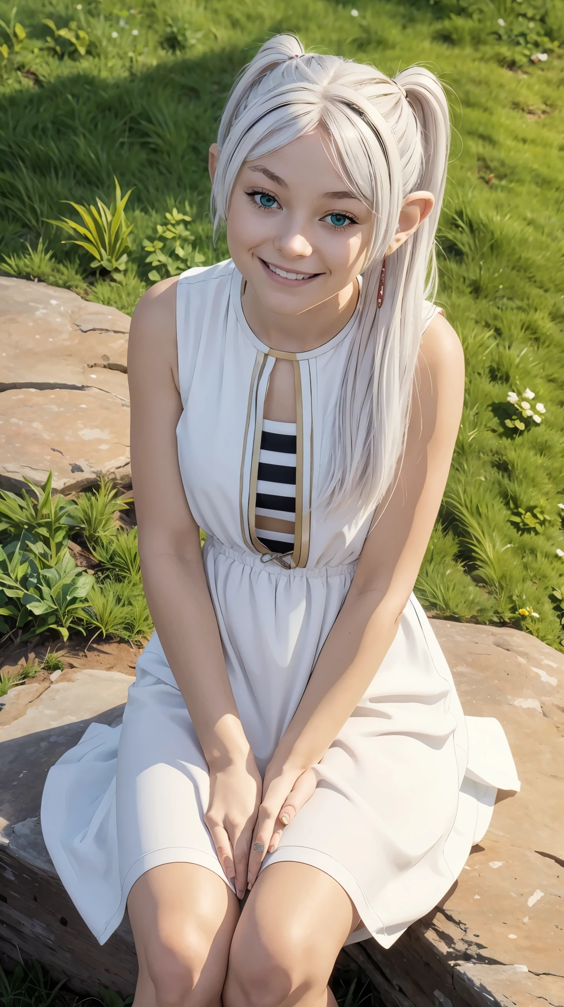 (high quality, high resolution:1.3), 4k, masterpiece, detailed background, scenery,
BREAK
1girl, solo, from below,sitting, Frieren, green eyes, white hair, pointy ears, smile, feet, white panties, dress lift