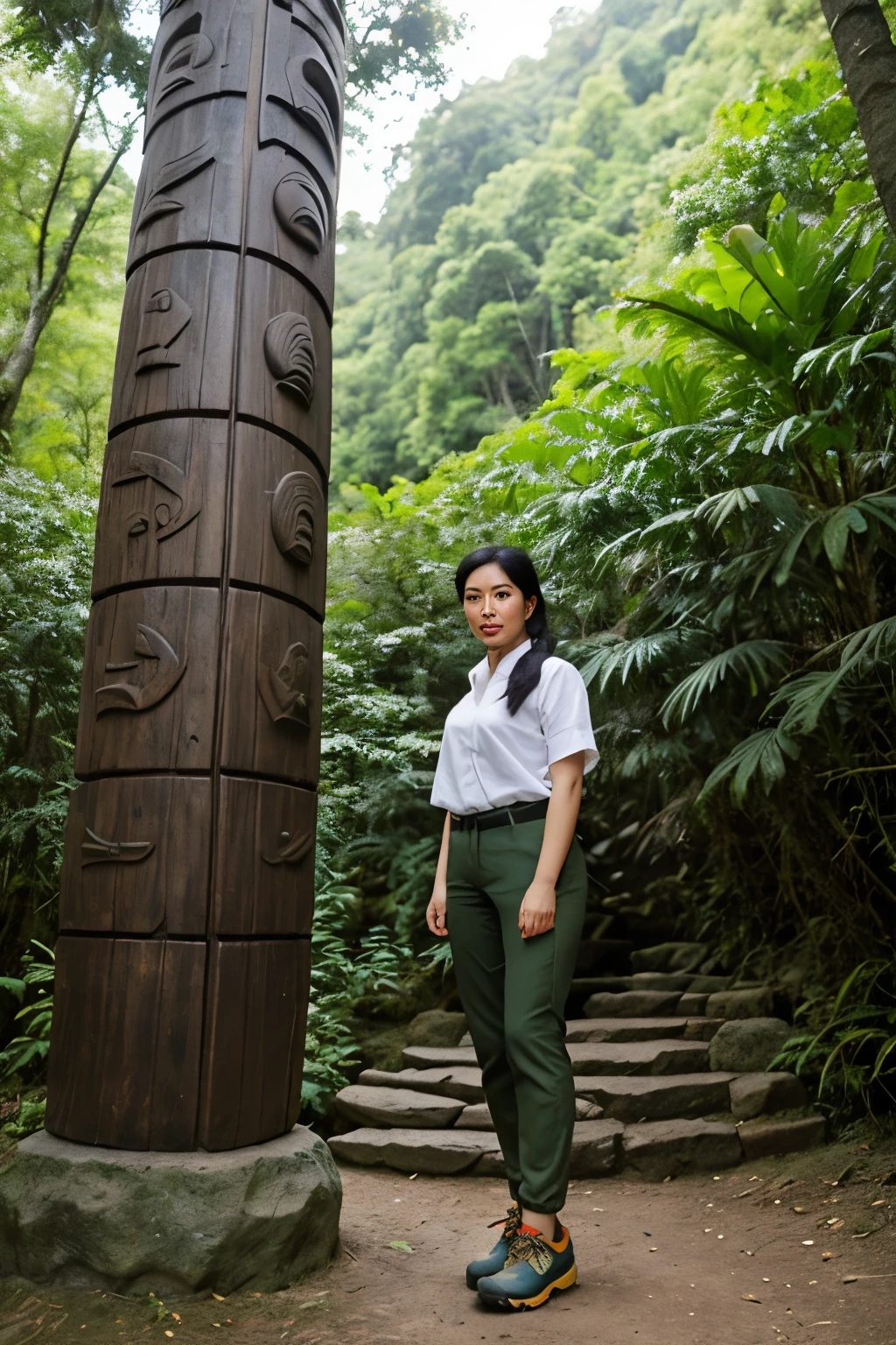 Asian beauty, 25 years old, curious expression, discovers hidden jungle sanctuary, she's an explorer, poses next to a wooden carved totem pole, Shaped like a phallic symbol, Wearing adventurous attire, Forest green blouse and khaki pants, Long black hair tied up in a ponytail, (Asian: 1.1), (Realistic hair: 1.2), (Beauty face: 1.3), SFW, (Natural make-up: 1.2), (Comfy hiking shoes: 1.3), Hands on hips, Examining the totem pole, Surrounded