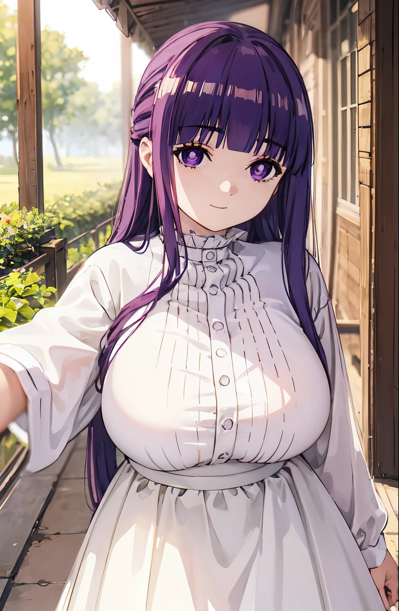 purple hair、long hair、big breasts、pure white wedding dress、happy face、sunshine、date、Highest image quality