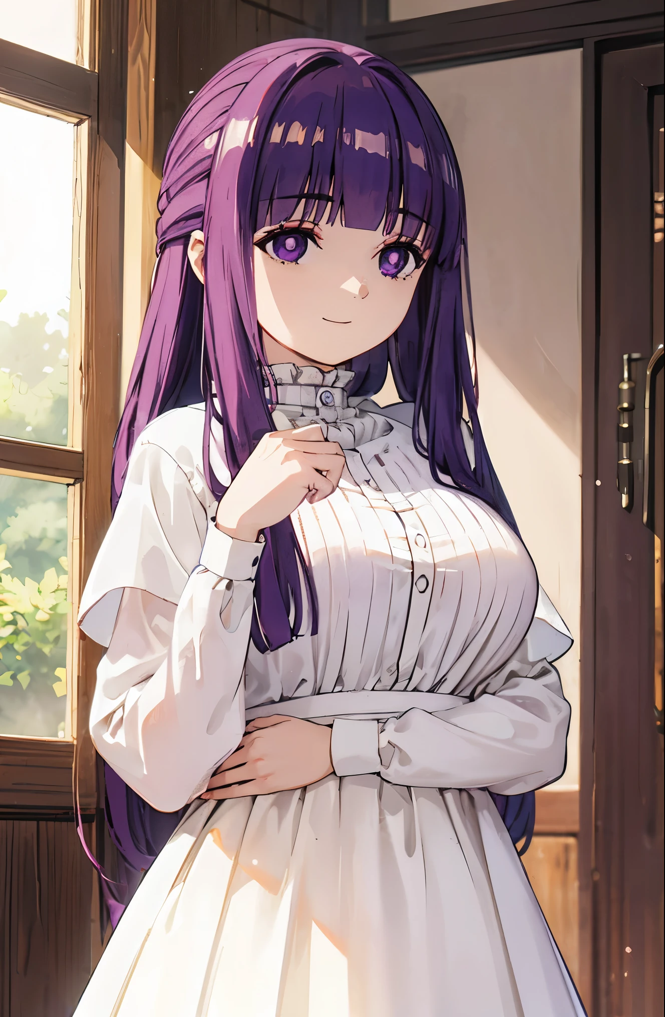 NSFW、free、Purple Hair, Long Hair, Purple eyes,  Half Up,  (Large Breasts, 1 Girl), Ruffled collar, White Dress, Center frill, button, Wide sleeves, Long sleeve, Curvy, Ruffled collar, masterpiece、Highest quality, High resolution, 8K, forest, Highly detailed CG Unity 16k, Very beautiful 16K CG wallpaper、((Masturbation))、((pussy)) ((Love juice))、(((Sweat)))、(((Body odor)))