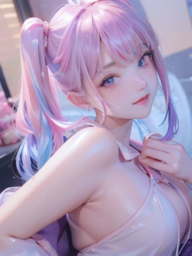 big butt、full body photo、 (With two people:1.5,)Super detailed,明るいcolor, very beautiful detailed anime face and eyes, look straight,  shiny_skin,girl, (((虹colorの髪, colorful hair, Half blue、half pink hair: 1.2)))、shiny hair, delicate beautiful face, blush、(turquoise eyes), White skin, Valletta, earrings,、full moon、starry sky、(((Floral、黄color、、purple、checked mini skirt,)))、twin tails、smile、happy face、face dyed red、color々pose、Glasses