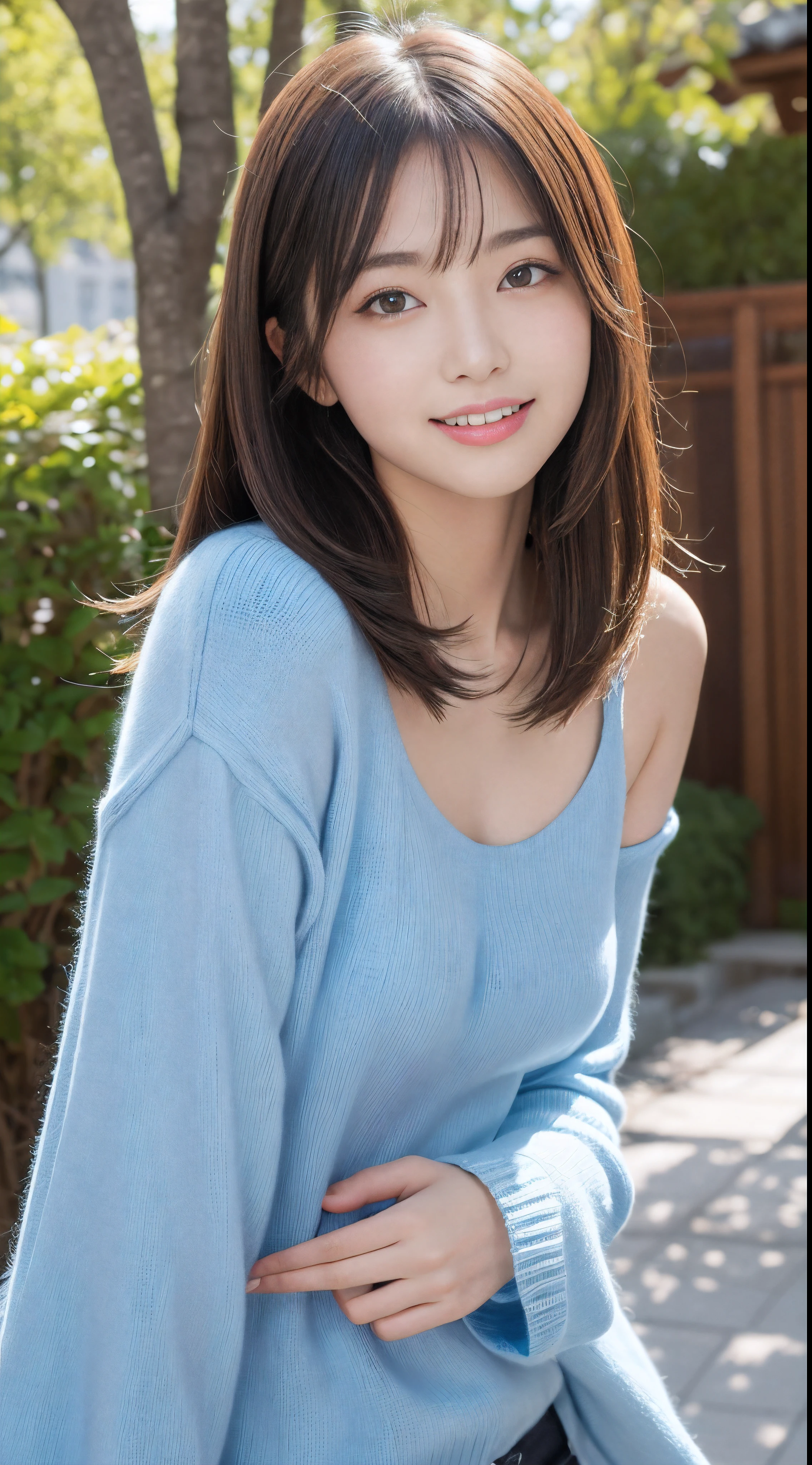 table top, highest quality, Photoreal, finely, High resolution, 8k wallpaper, perfect dynamic composition, detailed and beautiful eyes, medium hair, ponytail、Medium chest, random sexy poses,chest to chest、(tight blue knitwear)、(chest bulge)、laughter、open your mouth、I can see the tip of the tongue、beautiful resort scenery、25 years old、(droopy eyes 1.4)、adult beauty、Japanese、raise one hand、beautiful armpits