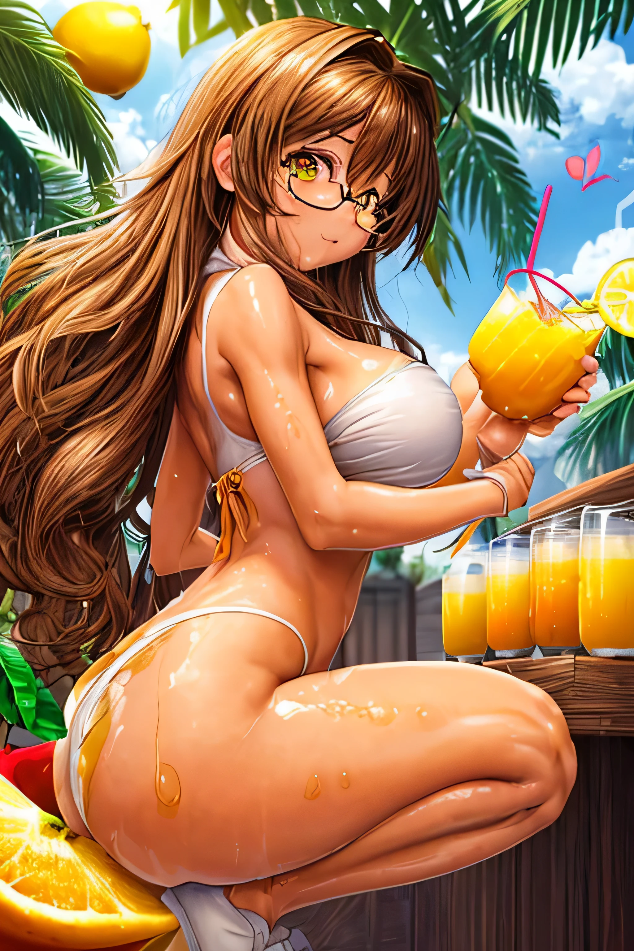 High resolution, high quality, 1 girl, anime girl, brown long hair, brown eyes,heart-shaped pupil, Green glasses, tanned skin, big breasts,beautiful breasts, (big ass),beautiful butt,white ,squat,(drink a lot of juice),(inflate one's stomach),(lemonade),(lemon juice),(orange juice),(mango juice),(Binapple juice),(water),at the cafe,