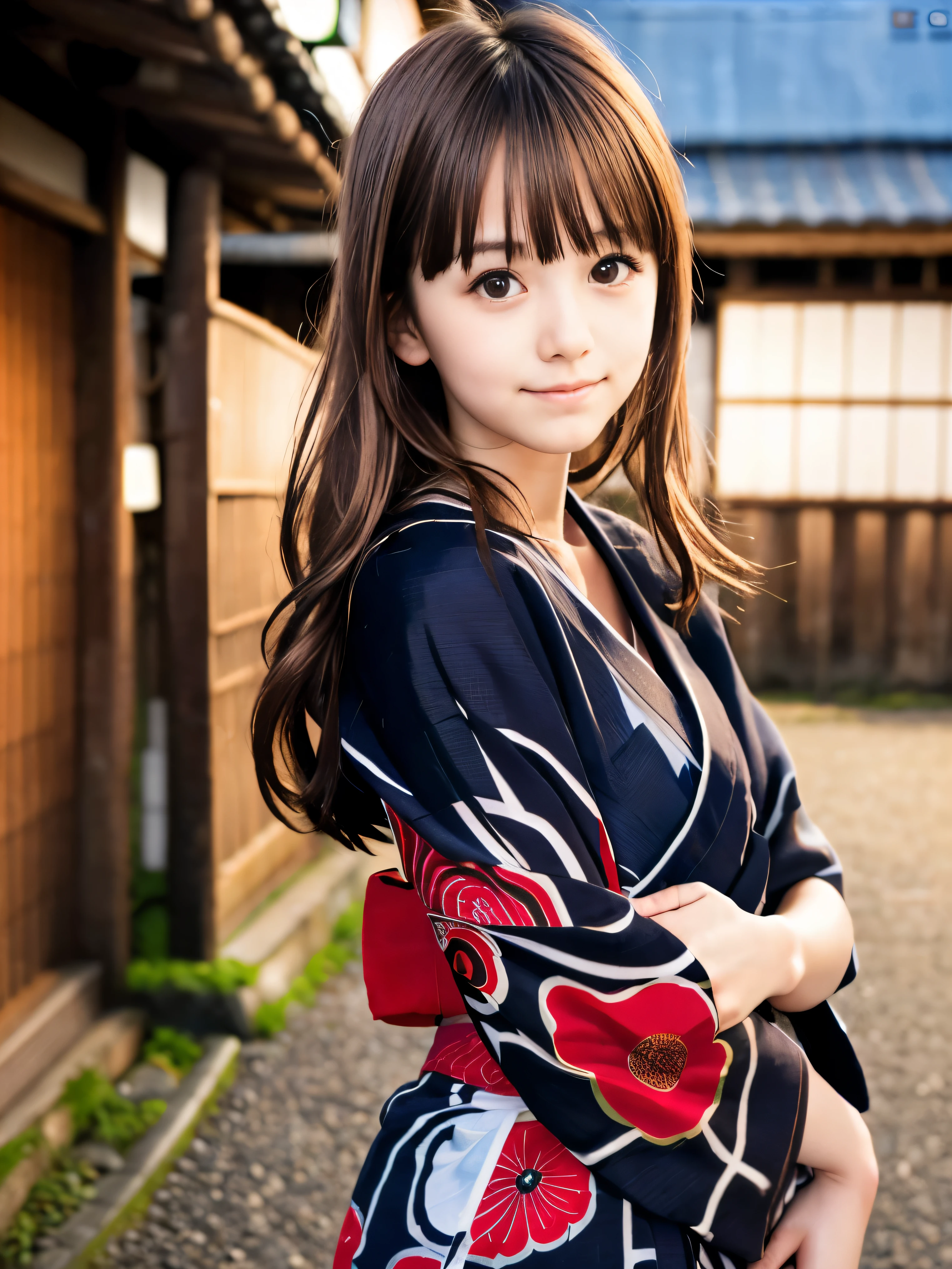 (Close up face shot of slender small-breasted red brown wavy long hair with dull bangs girl in a Japanese Yukata:1.5)、(One girl turn around on the rural street in Japan at night with small smile:1.5)、(blurred background:1.5)、(perfect anatomy:1.5)、photorealistic stick、Raw photo、table top、highest quality、High resolution、delicate and beautiful、perfect face、Delicate and beautiful eye air skin、Real Human Skin、((thin legs))