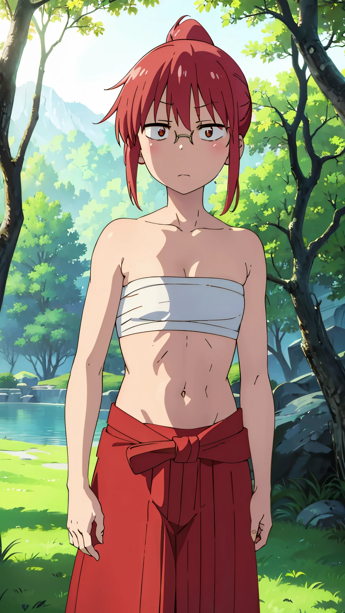 short girl, masterpiece, highres, solo, 8k, detailed, perfect face, best quality, (ultra high quality), (looking at viewers), (armpit), collarbone, bare arms, small breast, cleavage, red hair, long hair, ponytail hair, glasses, belly, stomach, navel, abs, sarashi chest, bandaged breast, white bandage, (red hakama), slim body, upper body, emotionless, flat face, at forest, hand up