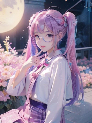 big butt、full body photo、 (With two people:1.5,)Super detailed,明るいcolor, very beautiful detailed anime face and eyes, look straight,  shiny_skin,girl, (((虹colorの髪, colorful hair, Half blue、half pink hair: 1.2)))、shiny hair, delicate beautiful face, blush、(turquoise eyes), White skin, Valletta, earrings,、full moon、starry sky、(((Floral、黄color、、purple、checked mini skirt,)))、twin tails、smile、happy face、face dyed red、color々pose、Glasses