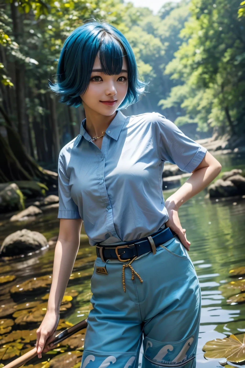 highest quality、4k、masterpiece、highly detailed eyes、super detailed、1 girl、solo、water lily、Pokémon、Pokemon、very delicate、8k、smile、whole body、blue hair、perfect human structure、Gold hair fastening at bangs,blue pants、blue collar white shirt、beautiful girl,fishing rod、dynamic pose、blue hair short hair、delicate hair、The background is a forest with a river、She wears a large golden checkered hair ornament on her bangs.、The collar of the shirt is blue、big hair ornament