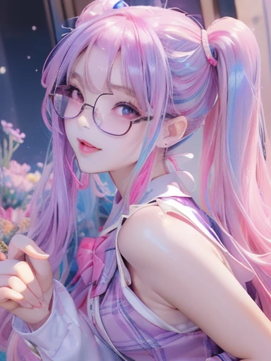big butt、full body photo、 (With two people:1.5,)Super detailed,明るいcolor, very beautiful detailed anime face and eyes, look straight, shiny_skin,girl, (((虹colorの髪, colorful hair, Half blue、half pink hair: 1.2)))、shiny hair, delicate beautiful face, blush、(turquoise eyes), White skin, Valletta, earrings,、full moon、starry sky、(((Floral、黄color、、purple、checked mini skirt,)))、twin tails、smile、happy face、face dyed red、color々pose、Glasses