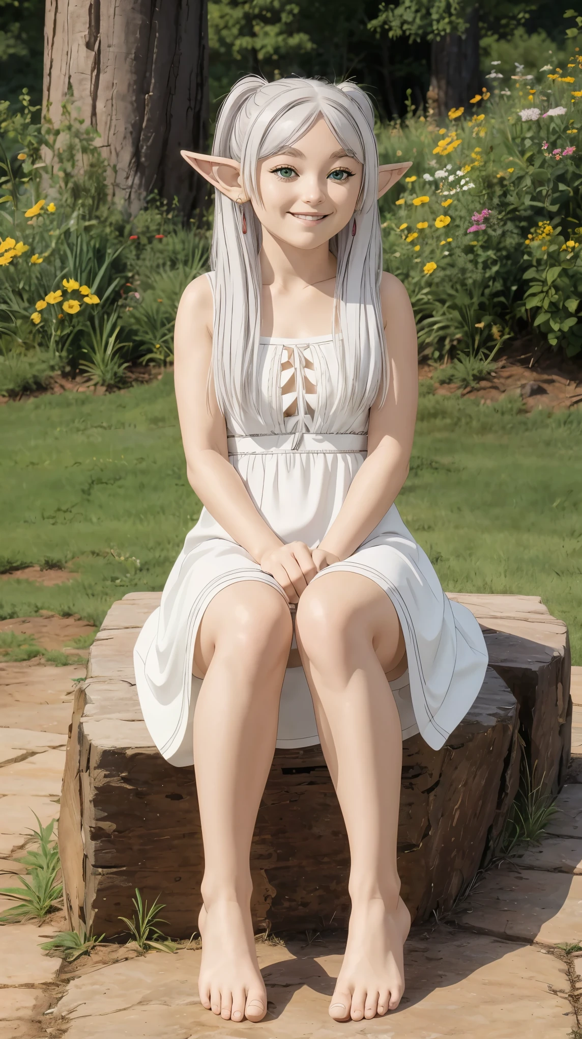 (high quality, high resolution:1.3), 4k, masterpiece, detailed background, scenery,
BREAK
1girl, solo, from below,sitting, Frieren, green eyes, white hair, pointy ears, smile, feet, white panties, dress lift