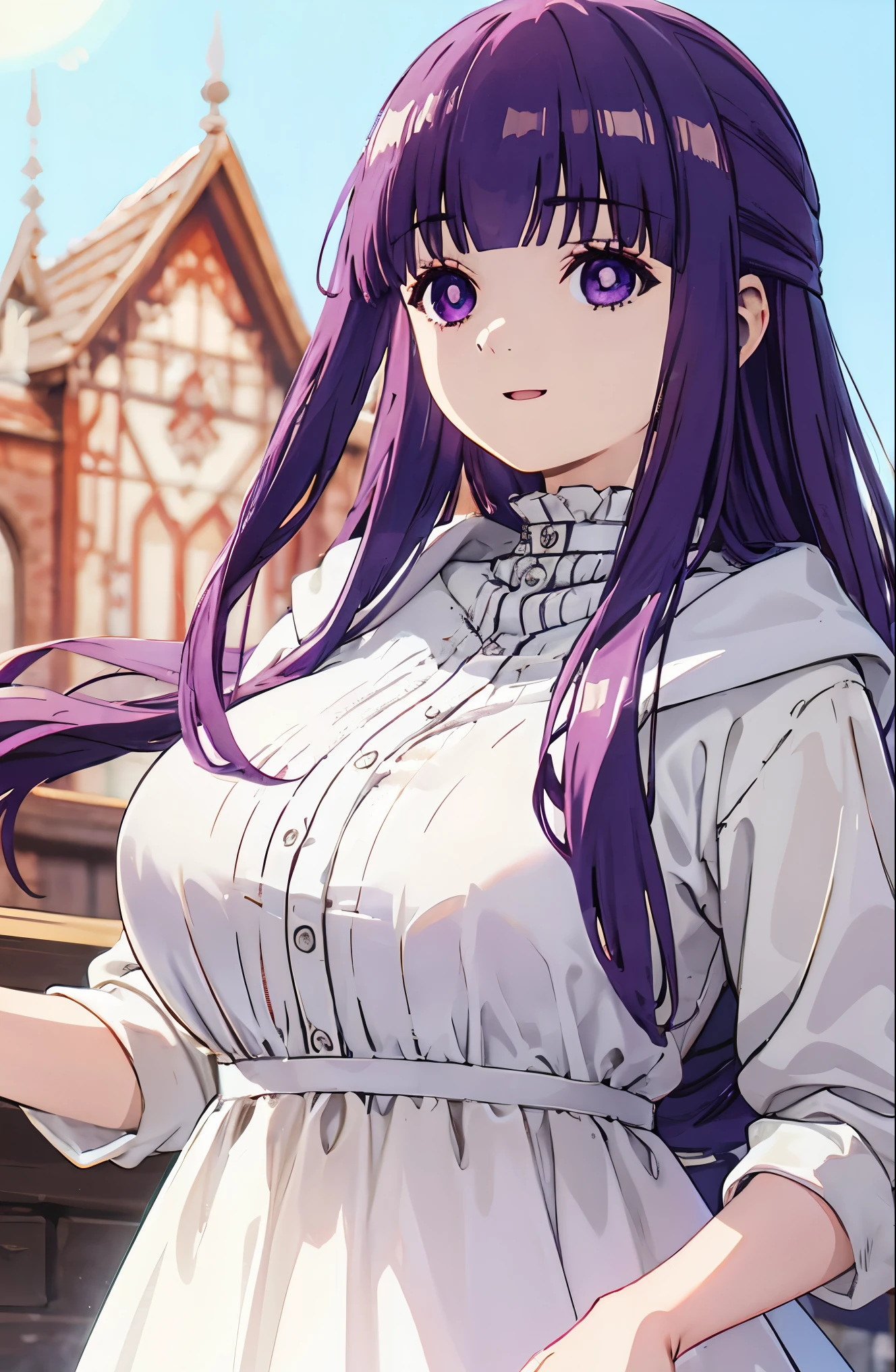 purple hair、long hair、big breasts、pure white wedding dress、happy face、sunshine、date、Highest image quality