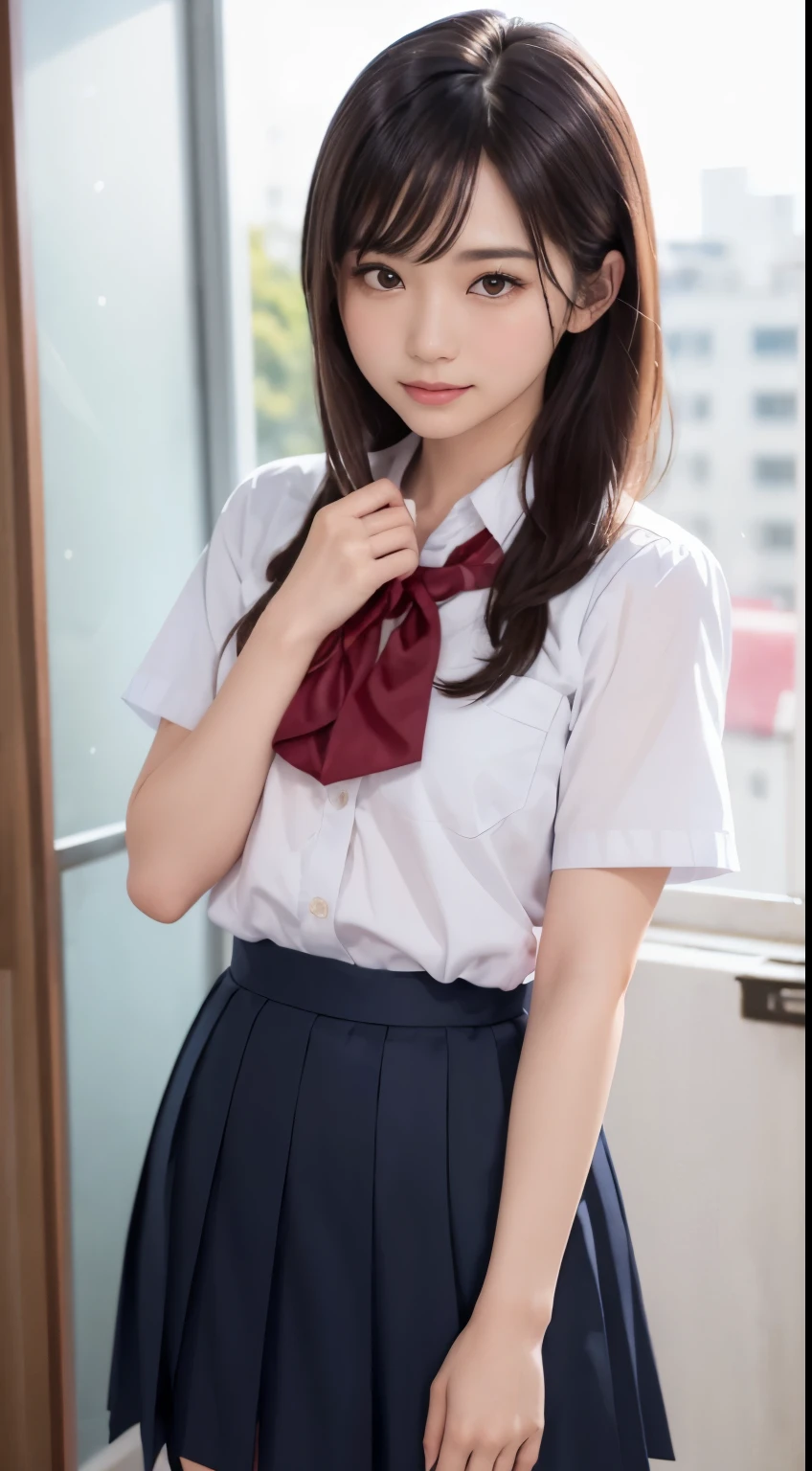 (hyper realistic:1.4), (realistic:1.3), (smooth lighting:1.05), (Improve video lighting quality:0.9), 1 female, 20 year old female, realistic lighting, Backlight, facial light, ray tracing, (cheerfulness:1.2), (Improved image quality:1.4), (Finest realistic textured skin), finely tuned, small face, red cheeks, slender body, medium chest and pointed chin,Japanese idol type, Nogizaka Idol, glowing skin, fiery idol pose, p, dull bangs, black hair, hair behind the ear, shoulder hair, long hair,tear bag