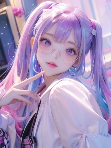 big butt、full body photo、 (alone:1.5,)Super detailed,明るいcolor, very beautiful detailed anime face and eyes, look straight,  shiny_skin,girl, (((虹colorの髪, colorful hair, Half blue、half pink hair: 1.2)))、shiny hair, delicate beautiful face, blush、(turquoise eyes), White skin, Valletta, earrings,、full moon、starry sky、(((Floral、黄color、、purple、checked mini skirt,)))、twin tails、smile、happy face、face dyed red、color々pose、Glasses