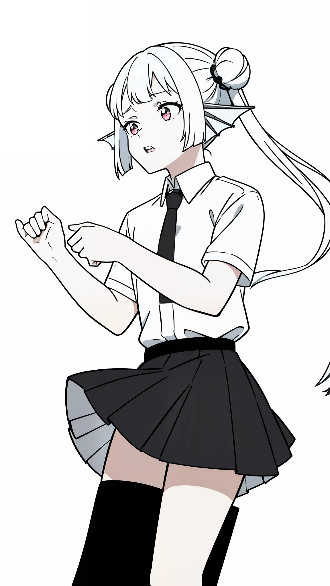 1girl,20 years old,solo,(white background,line drawing),long hair,white hair,finana,twintails,double bun,((white shirt,short sleeves,black standart tie,black skirt)),put your hands in front,upper body,teeth,(scared)